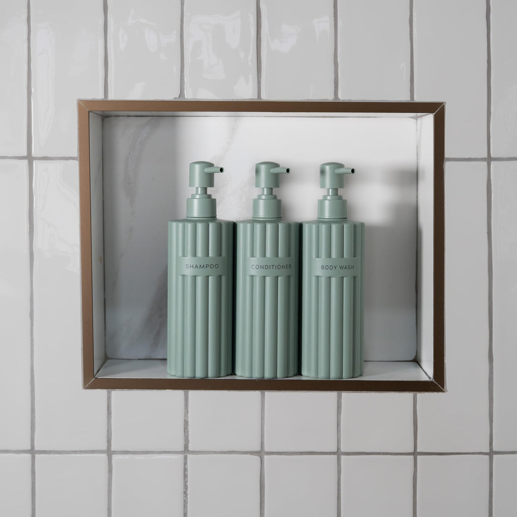 Stylish Shampoo and Conditioner Dispenser Set of 3 - Modern 19oz Shower Soap Bottles with Pump and Labels - Easy to Refill Body Wash Dispensers for an Instant Bathroom Decor Upgrade