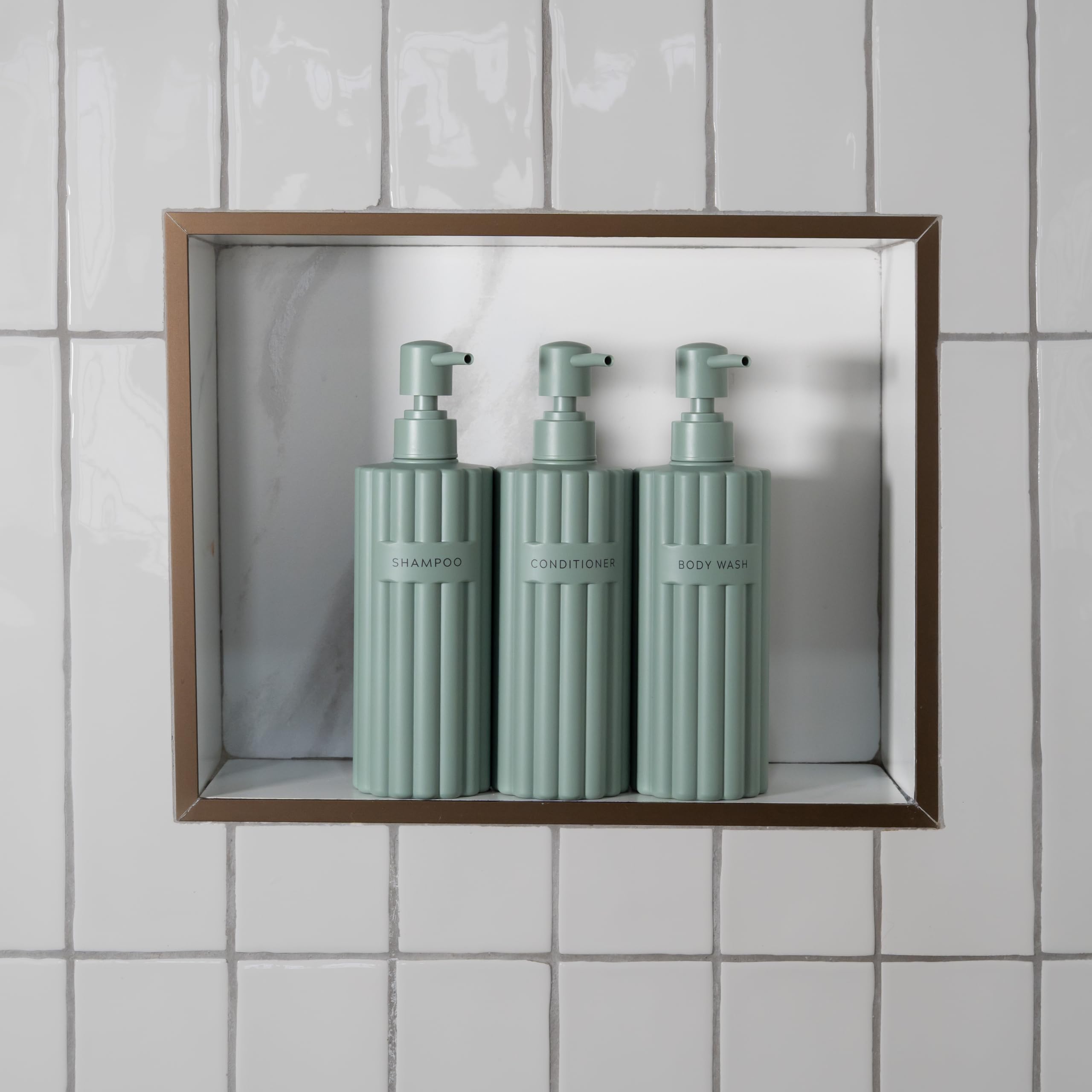 Stylish Shampoo and Conditioner Dispenser Set of 3 - Modern 19oz Shower Soap Bottles with Pump and Labels - Easy to Refill Body Wash Dispensers for an Instant Bathroom Decor Upgrade