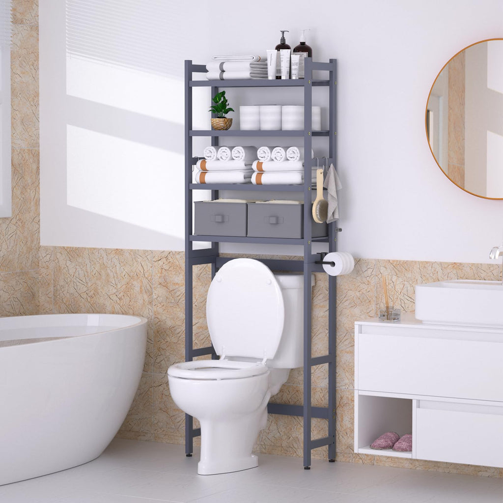Cozivolife Over The Toilet Storage: 4-Tier Bamboo Organizer Rack with 2 Baskets & Paper Holder & 4 Hooks & Waterproof Feet Pad, Adjustable Freestanding Shelf for Bathroom (Brown)