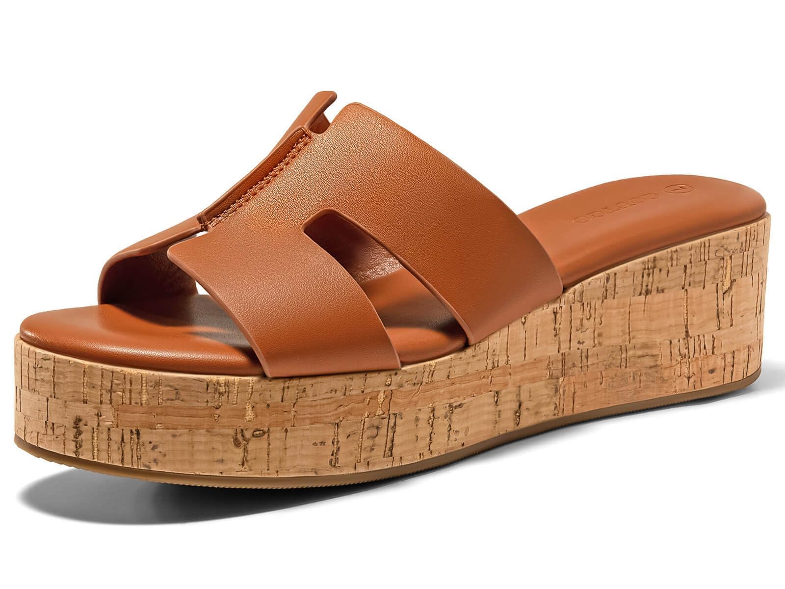 Coutgo Women's Platform Wedge Sandals Open Toe Slip On Slides Cork Heeled Cutout Comfortable Summer Shoes