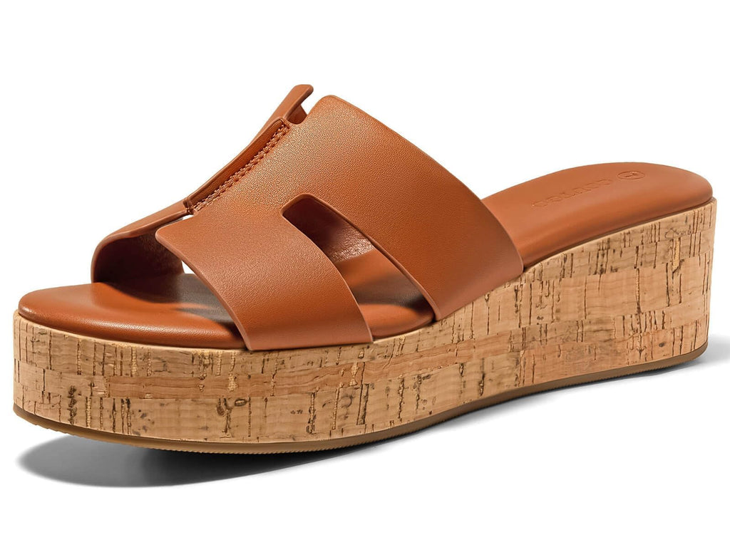 Coutgo Women's Platform Wedge Sandals Open Toe Slip On Slides Cork Heeled Cutout Comfortable Summer Shoes