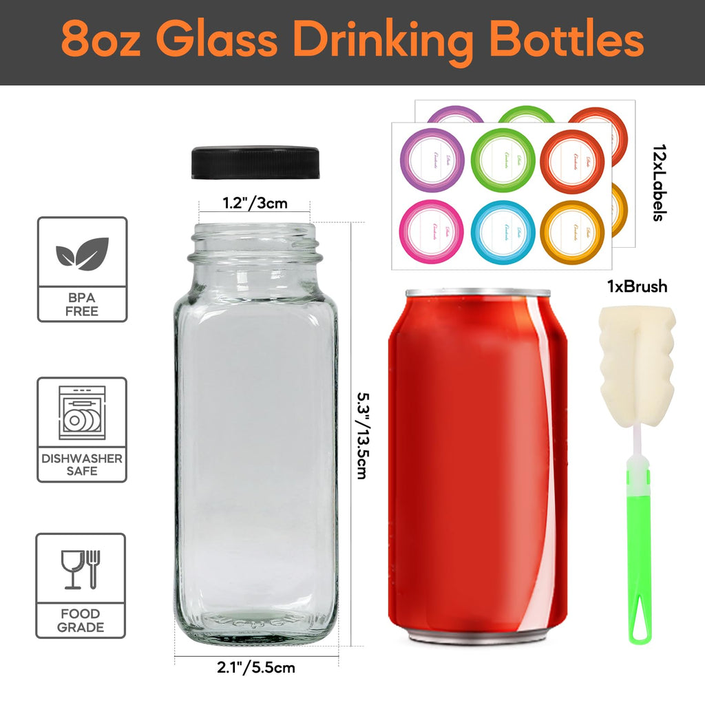STARSIDE 8 oz Glass Juice Bottles with Lids 12 Pack - Square Reusable Drinking Jars for Juicing, Milk, Kombucha - Includes 1 Bottle Brush, 12 Colored Labels