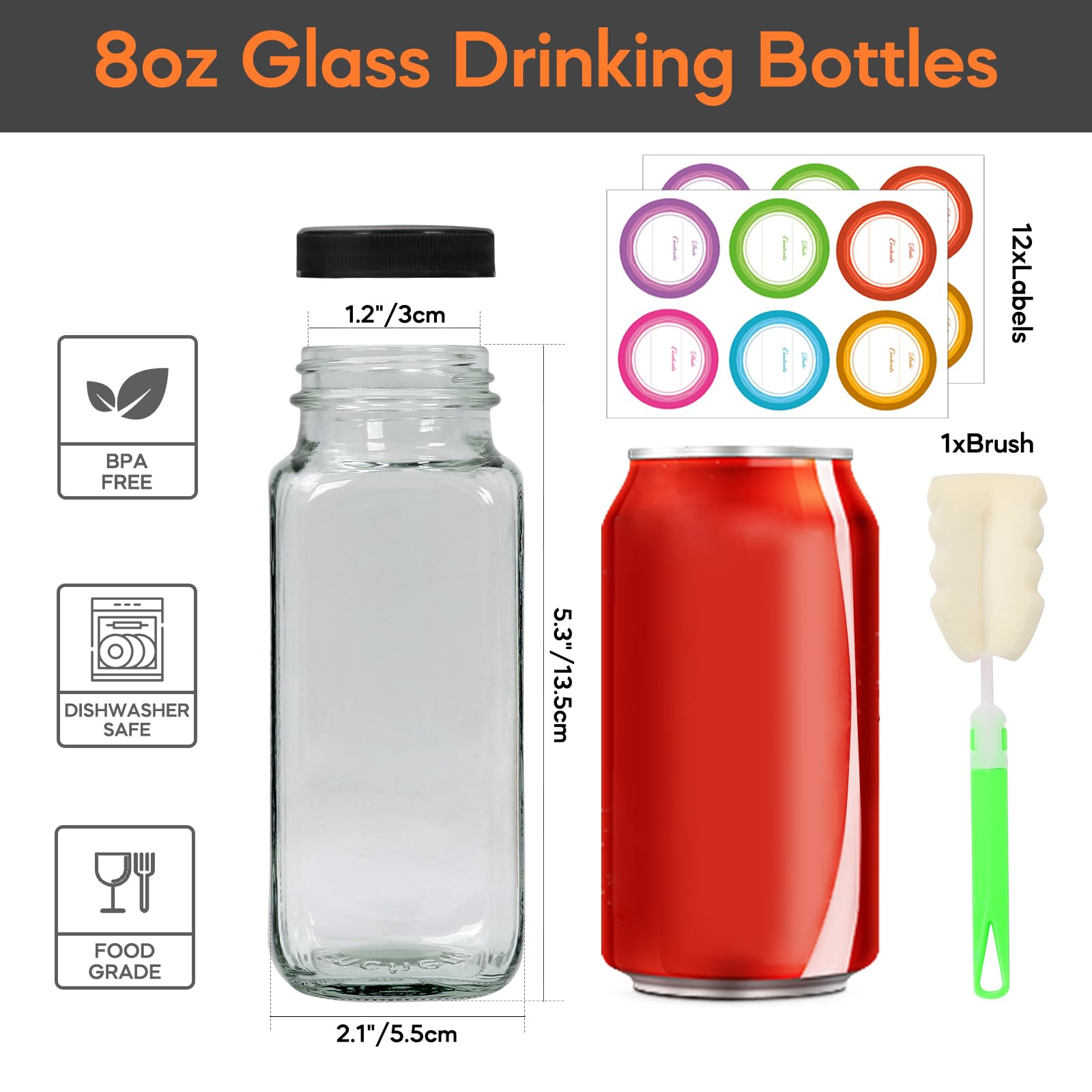 STARSIDE 8 oz Glass Juice Bottles with Lids 12 Pack - Square Reusable Drinking Jars for Juicing, Milk, Kombucha - Includes 1 Bottle Brush, 12 Colored Labels