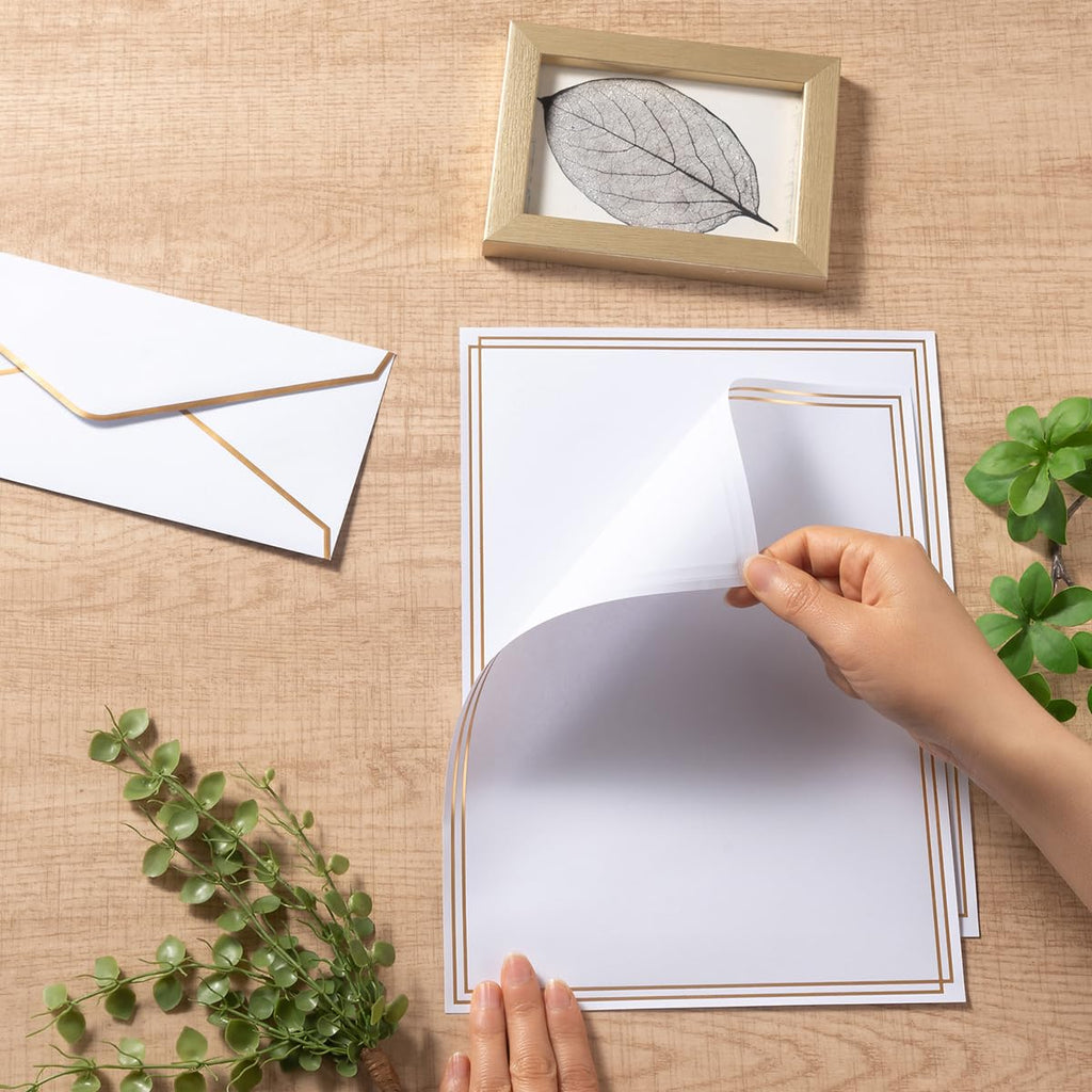 50 Pack Stationery Set with Envelopes, Cream Color, 8.5x11 Inches | Gold Border, #10 Business Envelopes and 8.5x11 Paper Sheets, Stickers for Letter Writing, Invitations