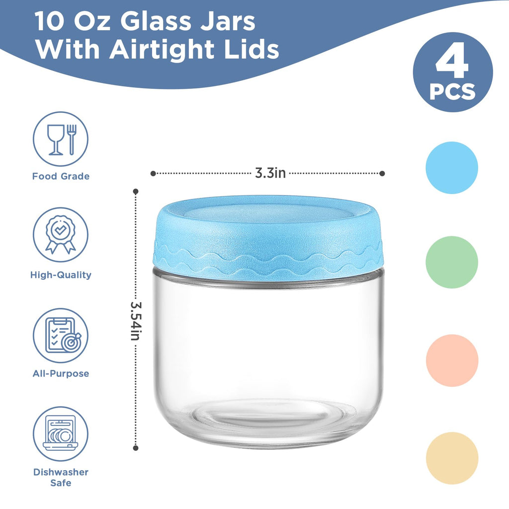 DRKIO 10 Oz Overnight Oats Containers with Lids - 4 Pack Glass Storage Jars with Airtight Lids Wide Mouth Mason Food Jars Great for Meal Prep Salad Chia Pudding Snacks Yogurt Sugar Spice Cereal