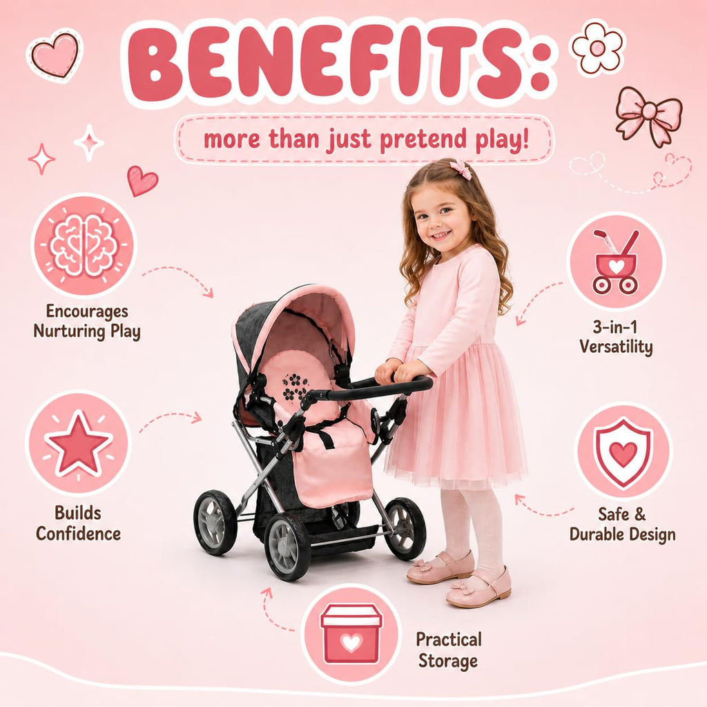 Baby Doll Convertible Pram Stroller with Removable Travel Bassinet Carrier for Kids Adjustable Handle Buggy Carriage with Canopy and Storage Basket 25 Inch Pink, Black