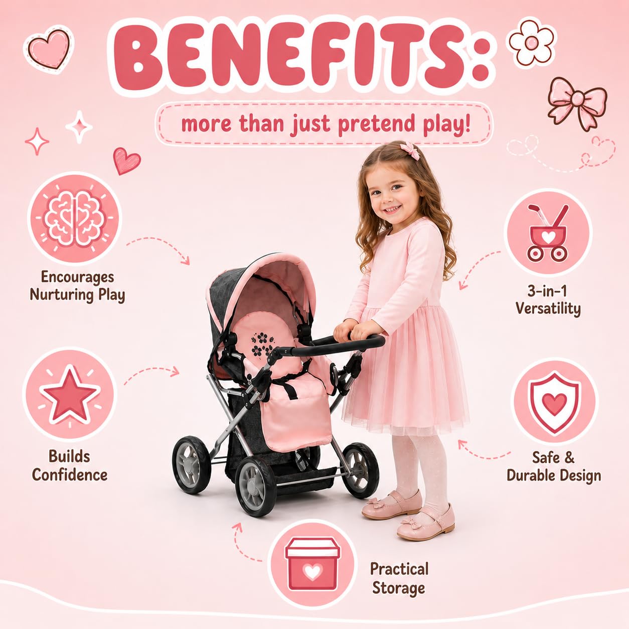 Baby Doll Convertible Pram Stroller with Removable Travel Bassinet Carrier for Kids Adjustable Handle Buggy Carriage with Canopy and Storage Basket 25 Inch Pink, Black