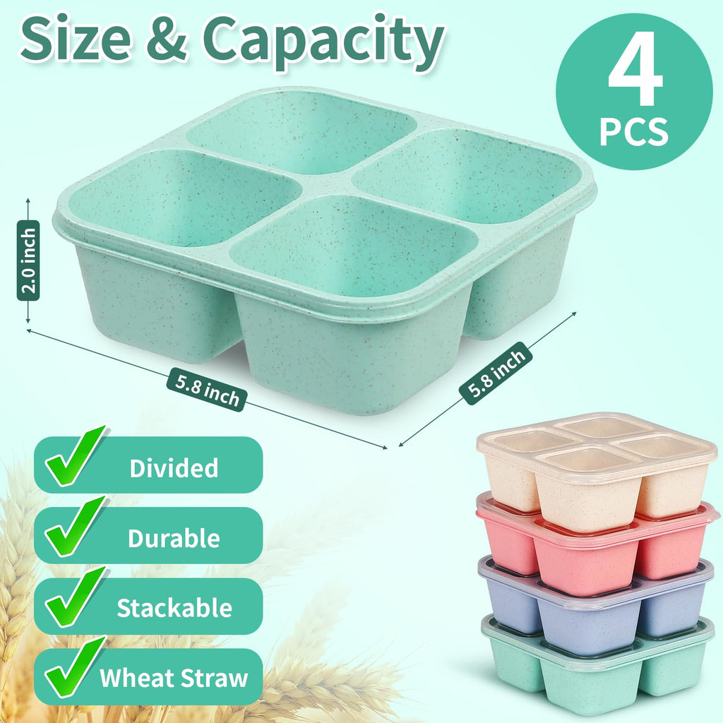 buluker 4 Pack Bento Snack Containers Set， 4 Compartment Food Storage Containers ，Wheat Straw Meal Prep Lunch Box ，Plastic Food Storage container, Microwave and Dishwasher Safe (4colour)