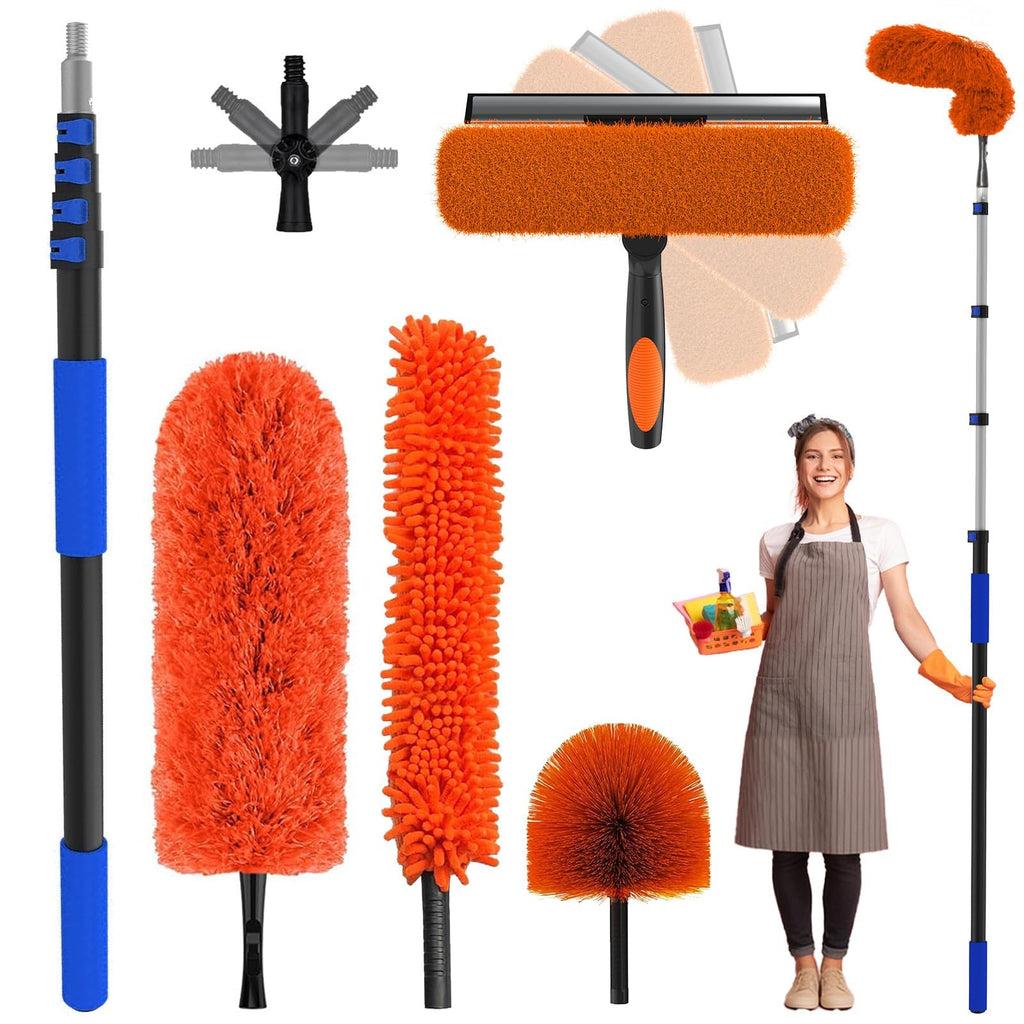 26 Foot High Reach Duster Kit with 5-20 ft Telescoping Extension Pole, High Ceiling Duster, Cobweb Duster, Window Squeegee, Feather Duster, Outdoor & Indoor Extendable Duster Cleaning Kit