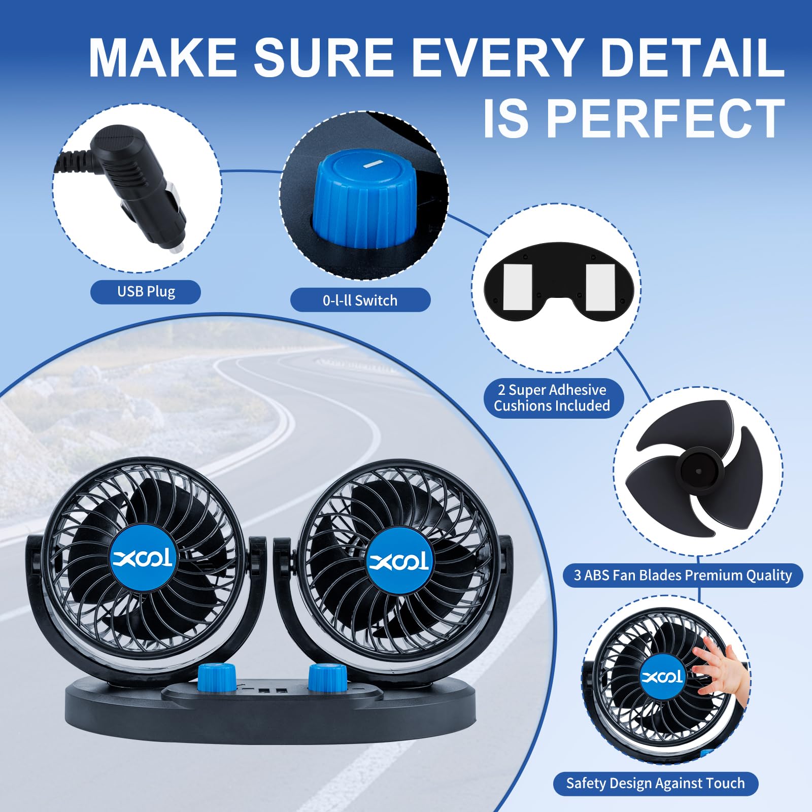 XOOL Clip Car Fan, 9 Inches 12V/24V Fan, 360° Rotatable Electric Cooling Clip on Fan with Stepless Speed Regulation for SUV, RV, Truck