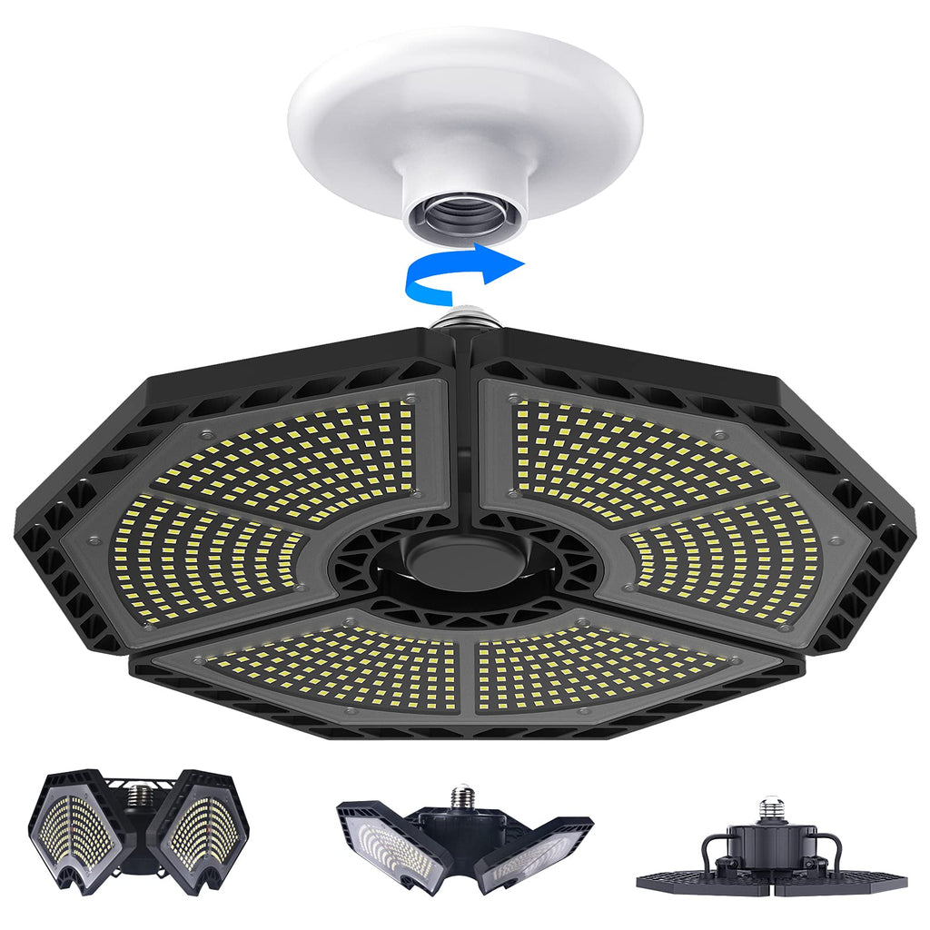 KERNOWO LED Garage Lights, 140W 18500 Lumens Garage Lighting, 6000K Daylight with Deformable Three Panel Ceiling Light Fixture E26/E27 Triple Glow LED Shop Light for Basement Workshop Warehouse