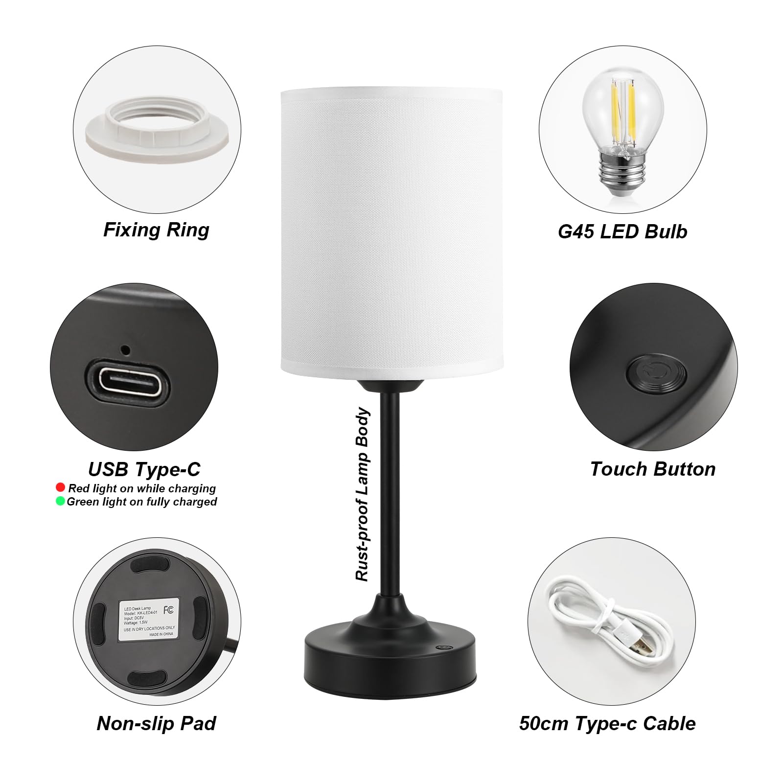 Touch Control Cordlss Table Lamp, USB-C Rechargeable Lamp with Stepless Dimming, 4000mAh Battery Operated Bedside Lamp for Bedroom, Living Room, Night Light & Emergency Lighting, Black, 1 Pack