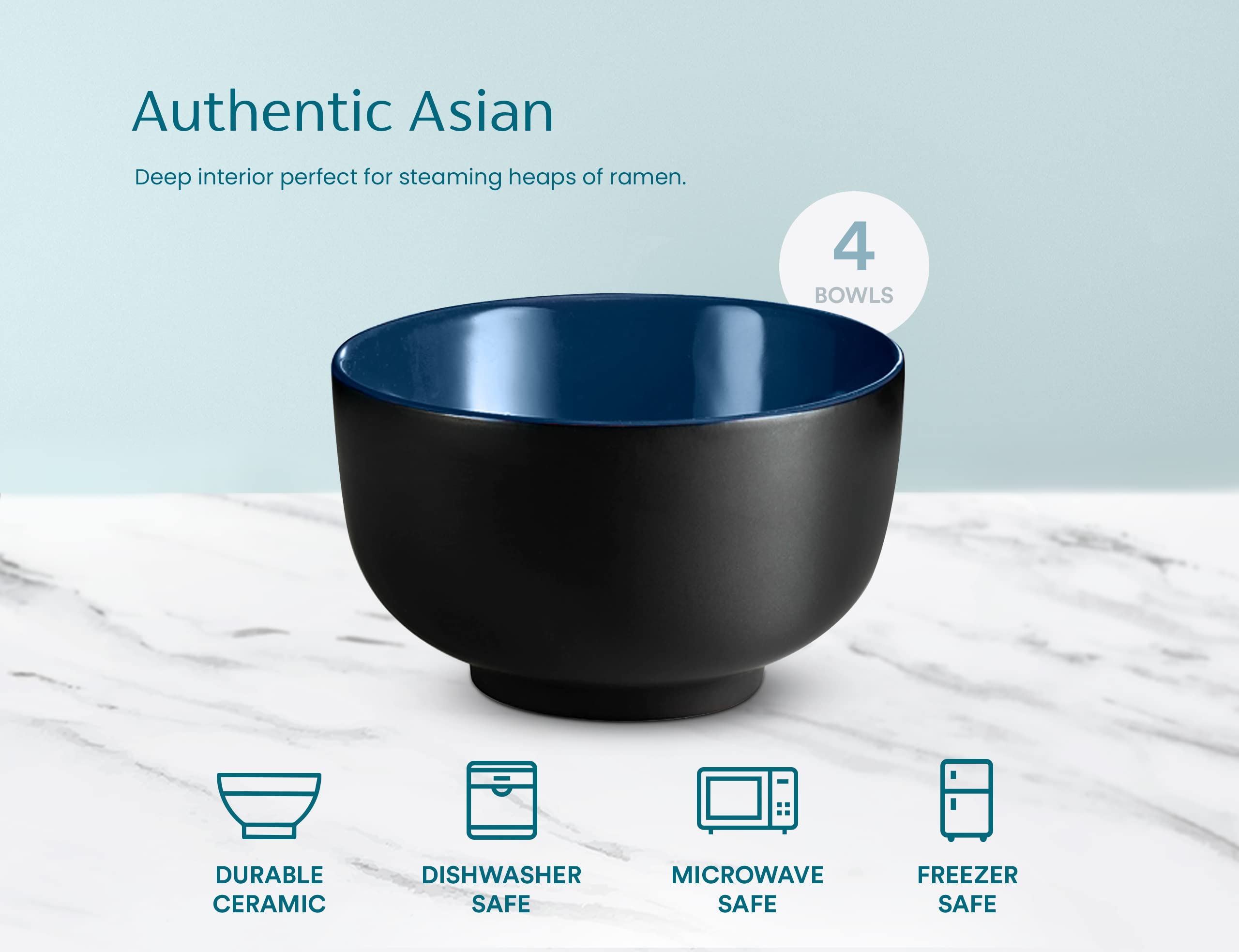 KooK Ramen Bowl, Japanese Bowls, Noodle Bowls, Large Soup Bowl, Ceramic, Large Capacity, For Ramen, Pho, Udon, Soba, Microwave and Dishwasher Safe, 34 oz, Set of 4 (Black/Navy)