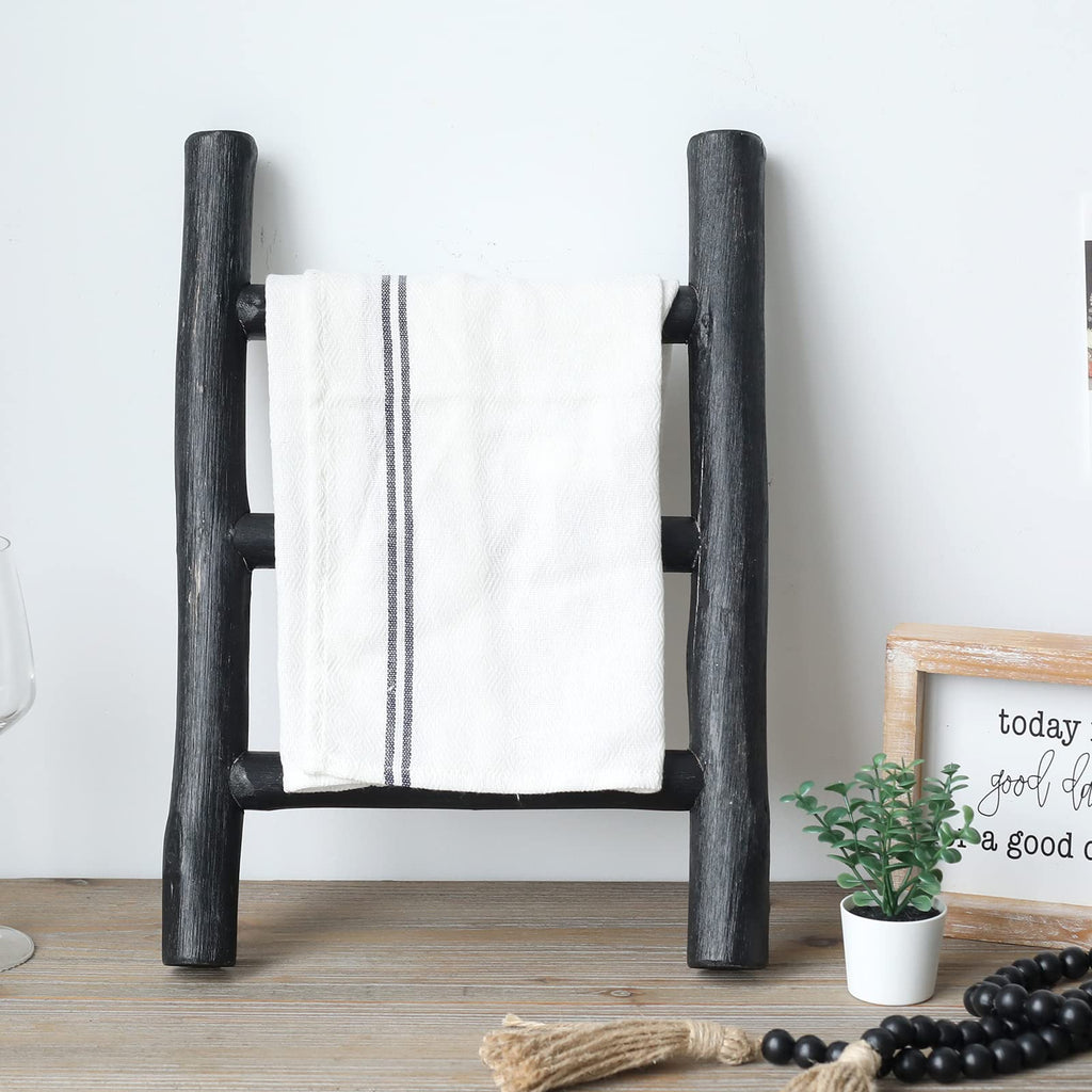 FUIN 57in Wood Blanket Ladder Living Room Decorative Wall Leaning Farmhouse Quilt Display Holder Rustic Wooden Towel Rack for Bathroom, Black