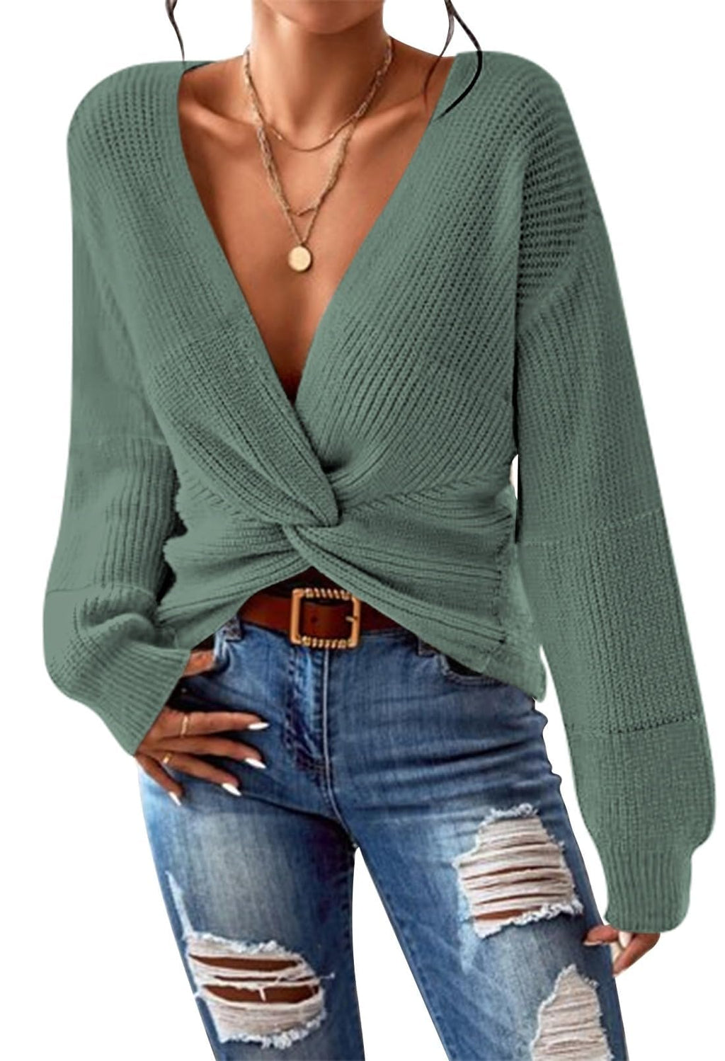 Pink Queen Women's 2026 Twist Knot Cropped Sweater V Neck Long Sleeve Knit Pullover Top Casual Fall Fashion Clothes