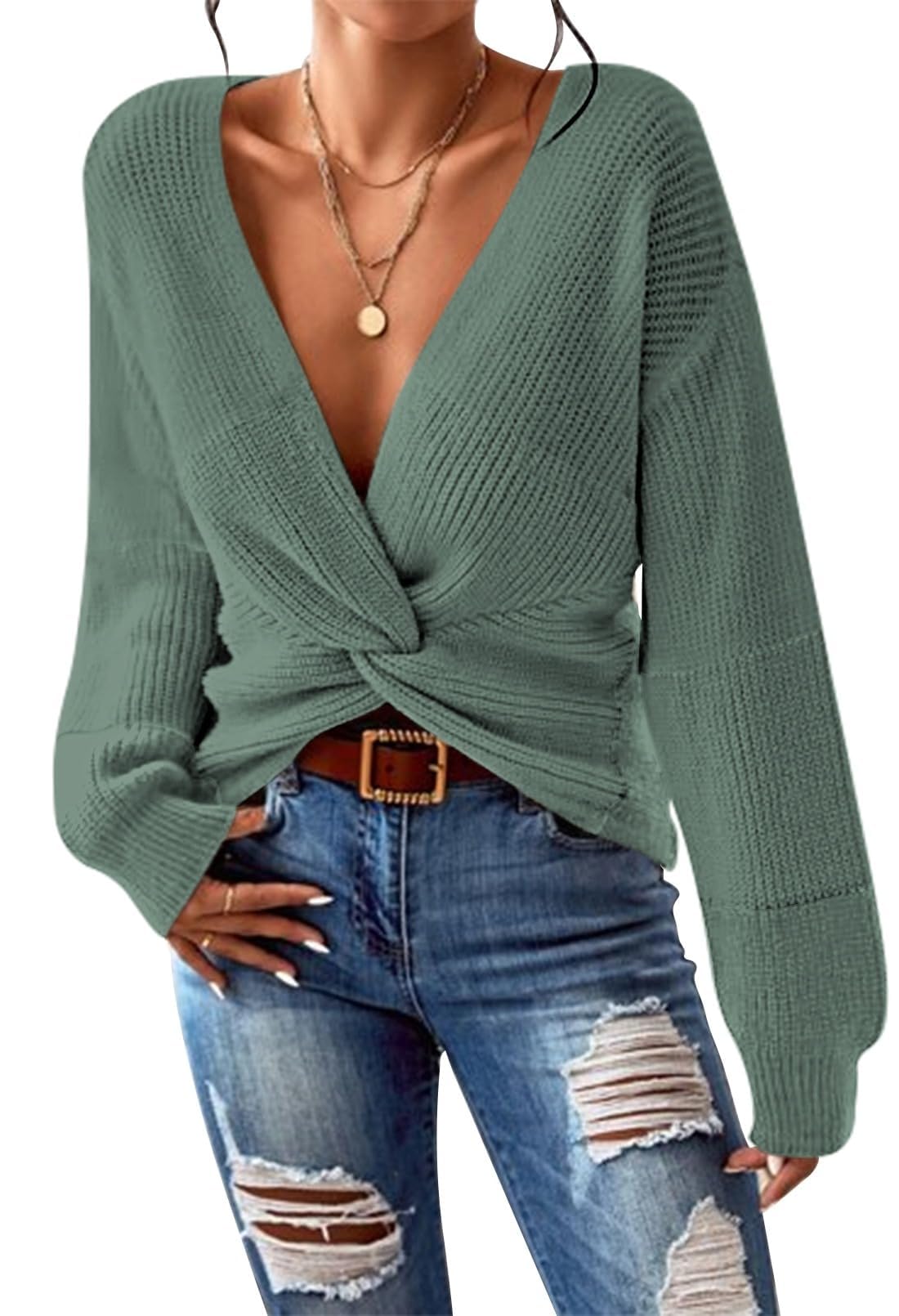 Pink Queen Women's 2026 Twist Knot Cropped Sweater V Neck Long Sleeve Knit Pullover Top Casual Fall Fashion Clothes