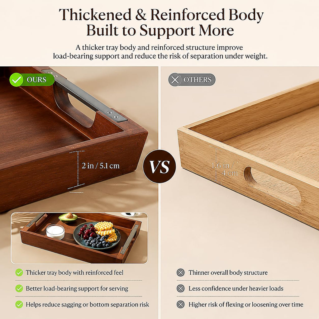 Acacia Wood Serving Tray with Metal Handle, 17x13in Tray for Ottoman