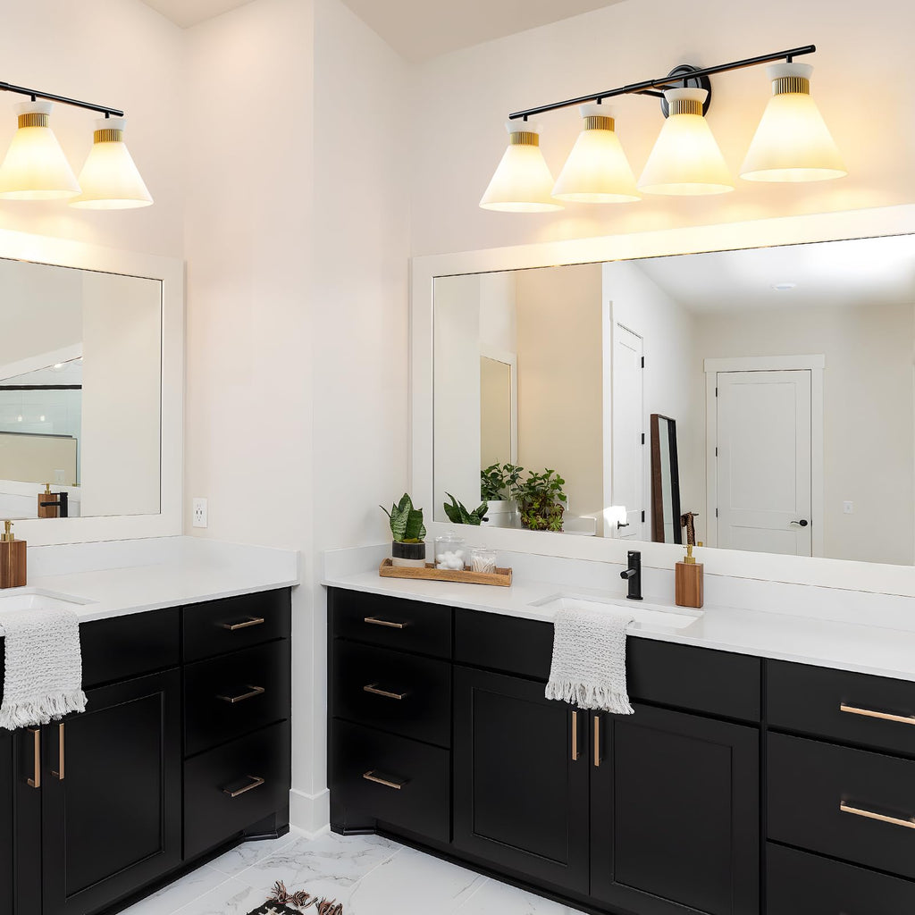 WOSHITU Gold Bathroom Light Fixtures: Modern Vanity Lighting Fixtures 2 Lights for Bathroom Mid Century Vanity Light Sconces Over Mirror with Frosted Milky Glass for Bath Bedroom Makeup