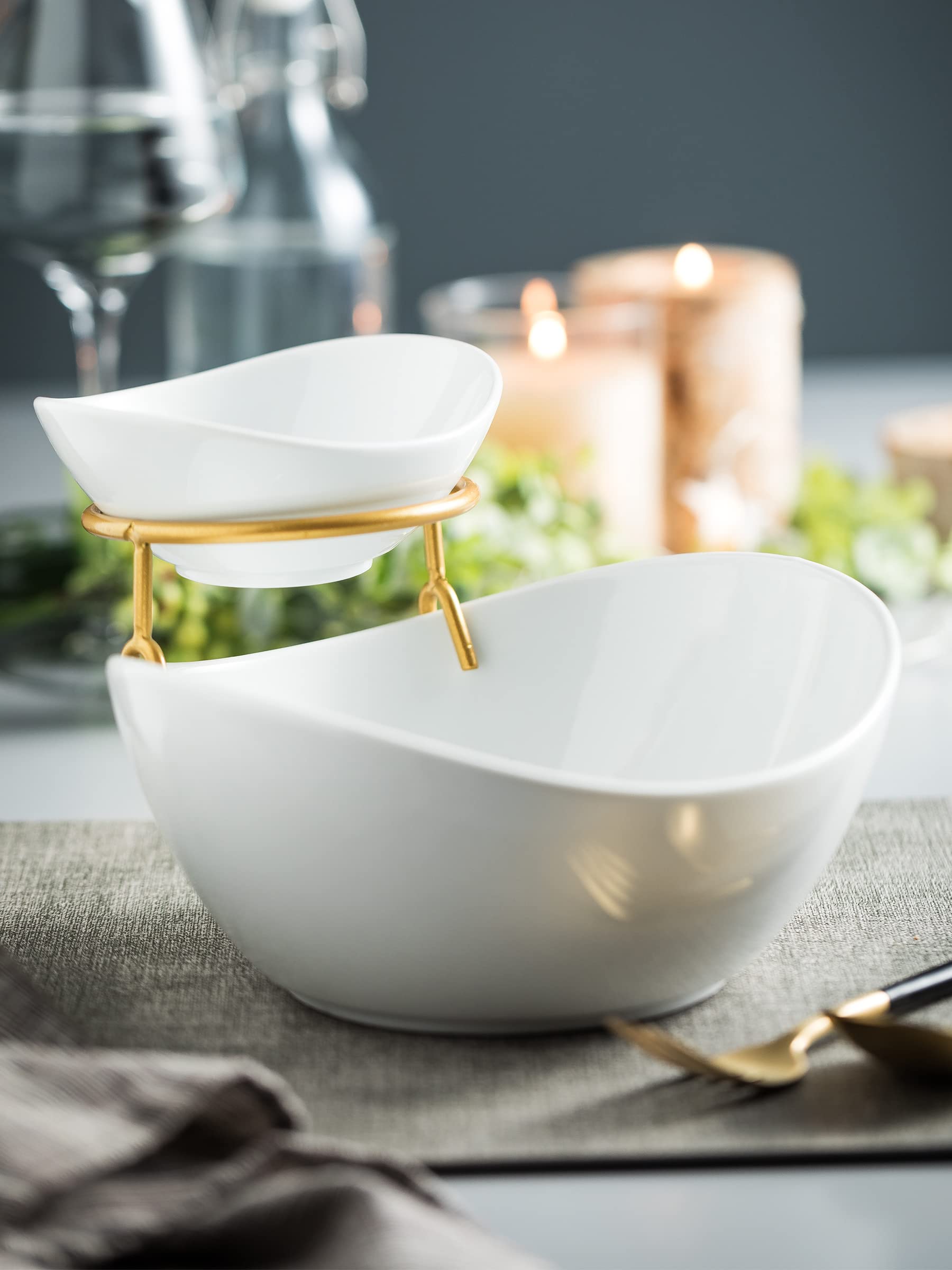 Miamolo 3 Tier Serving Bowls with Stand for Entertaining Party | Ceramic, Chip and Dip Set | Food Display for Fruit Salad Snacks | Space-saving Storage | Microwave & Dishwasher Safe