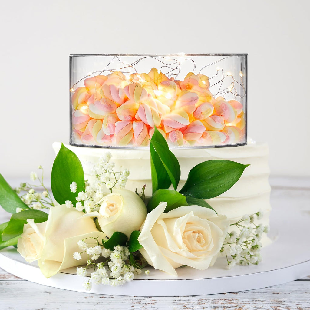 Sunnyray 2 Pcs Acrylic Cake Stands for Dessert Table Clear Fillable Cake Riser Cupcake Tier with LED Strings for Birthday Wedding Holiday Party Display(6'', 8'')