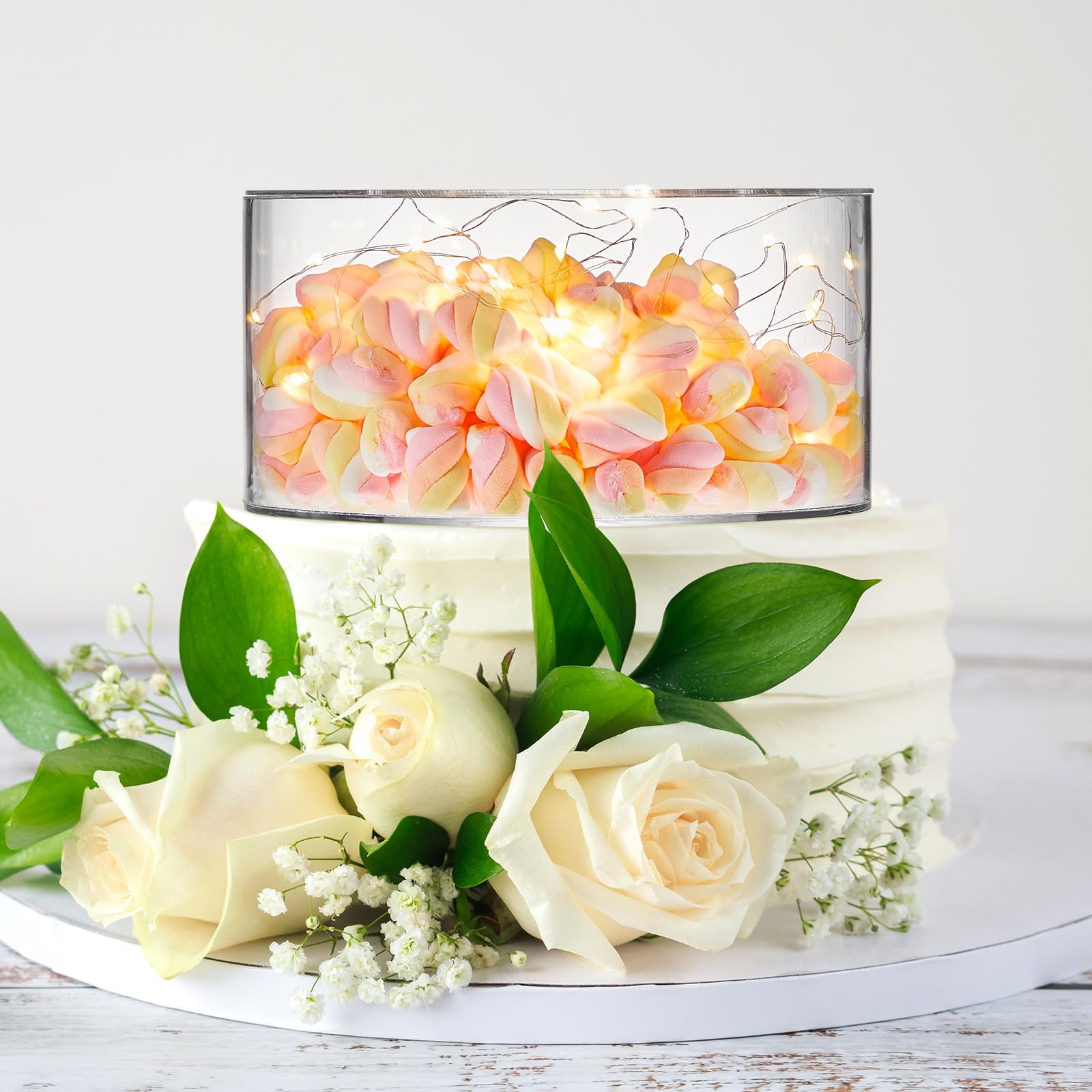 Sunnyray 2 Pcs Acrylic Cake Stands for Dessert Table Clear Fillable Cake Riser Cupcake Tier with LED Strings for Birthday Wedding Holiday Party Display(6'', 8'')