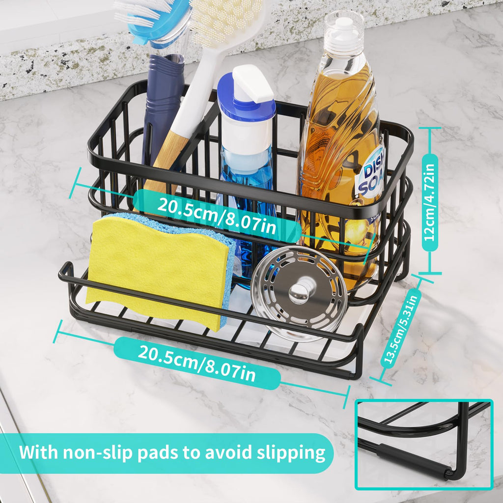 HapiRm Kitchen Sink Organizer, SUS304 Stainless Steel Rustproof Multifunctional Large Sink Caddy with Sponge Holder and Drain Tray for Kitchen Countertop (Silver)