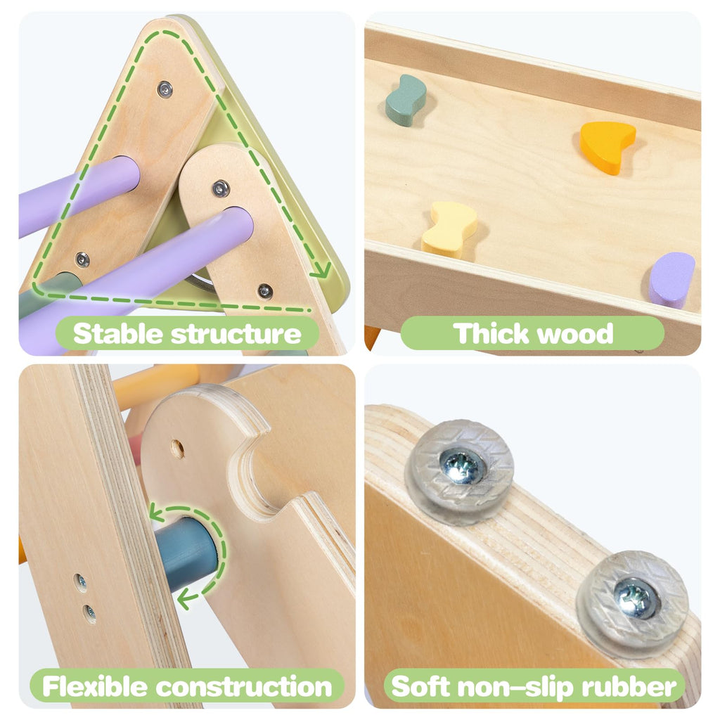 LOL-FUN Pikler Triangle Set with Slide for Toddler 1-3, Montessori Climbing Toys for 1 Year Old, Toddler Climbing Toys Indoor Pickler Climbing Set, Foldable Wooden Climber Jungle Gym for Kids