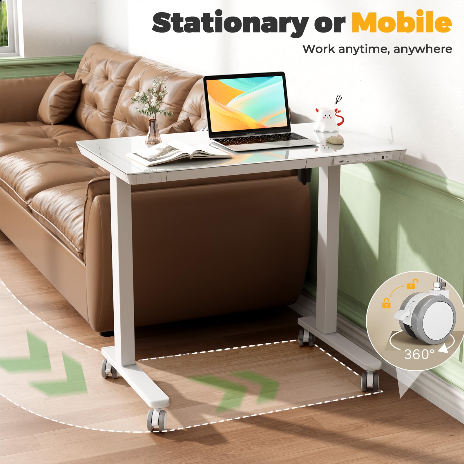 Glass Electric Standing Desk with Drawer, 35" x 20" Whole Piece Tabletop Samll Sit Stand Table, Height Adjustable Workstation with Storage & USB Ports, Quick Install Home Office Desk