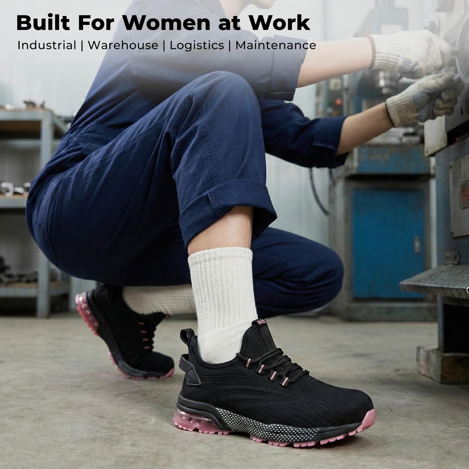 SPIEZ Safety Shoes for Women, Composite Toe Work Shoes with Air Cushioned Comfort, Lightweight Puncture Proof Safety Sneakers for Work and Daily Wear, Black Pink/Purple US4.5–10