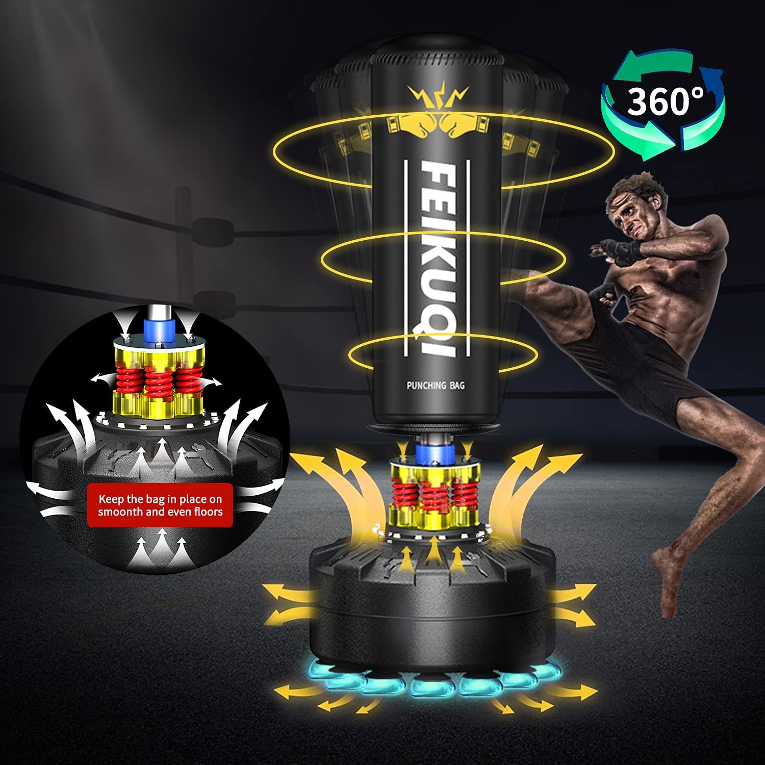 Standing Punching Bag for Adults, Feikuqi 205lbs Heavy Bag for Boxing, Shock Absorber, Suction Cup Base, Stand Up Punching Bag Adult, Standing Kickboxing Bag for Home Office Gym