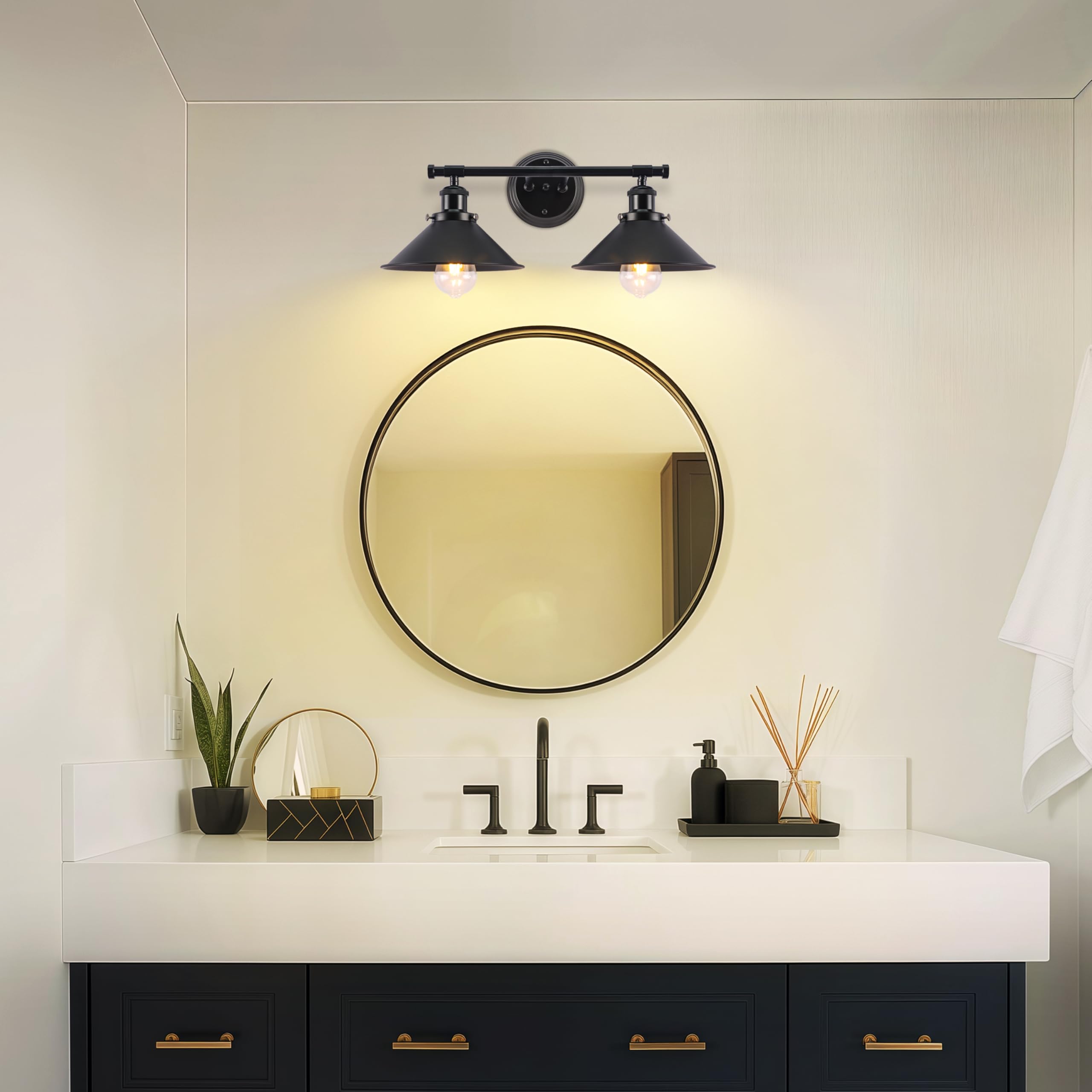 Black Bathroom Light Fixture 2-Light Matte Black Farmhouse Vanity Lights for Bathroom Light Fixtures, 20" Rustic Industrial Wall Sconce Vanity Lighting Fixtures over Mirror Kitchen Cabin Workshop Cafe