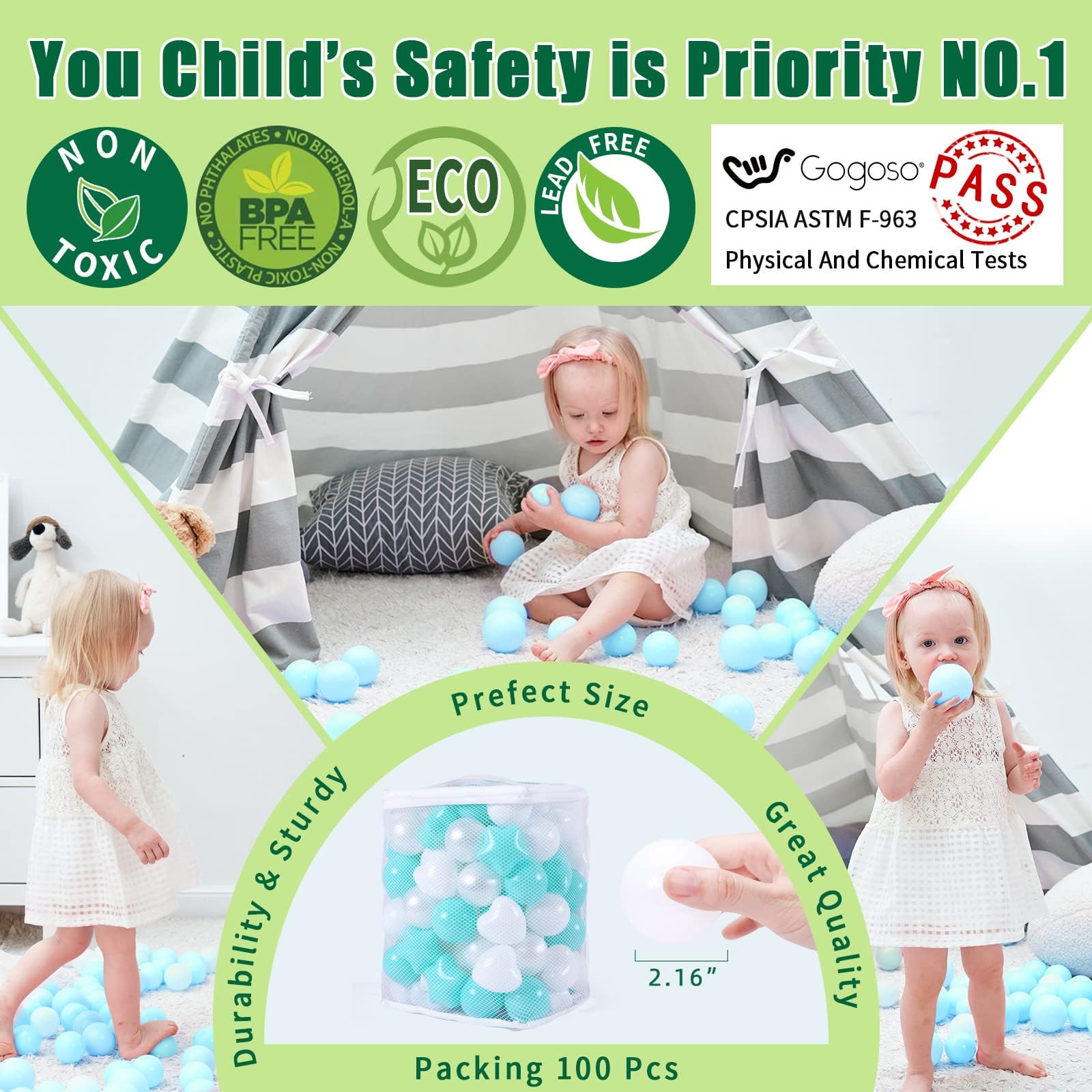 GOGOSO Playpen Balls for GirlsToddlers for Playhouse, Baby Pool, Play Ball Fun Centers, for Babies, Kids, Toddlers 1-3, Phthalate Free BPA Free 100pcs