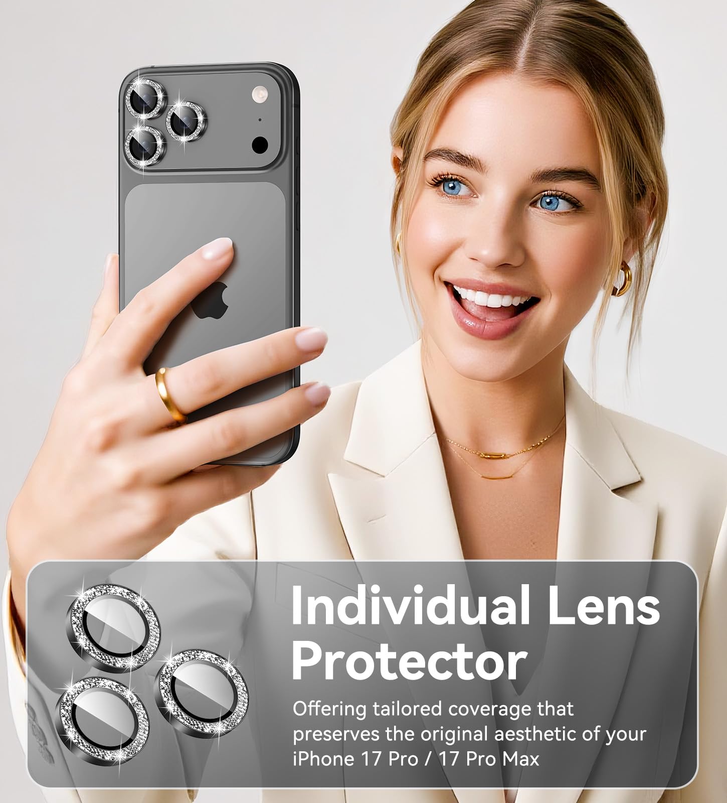 Matekxy Glitter Camera-Lens Protector for iPhone-16 Pro-Max - 16 Pro Anti-Scratch Tempered Glass with Aluminum Edging, Cute Girly Metal Individual Bling Ring Cover for Women, Black Titanium