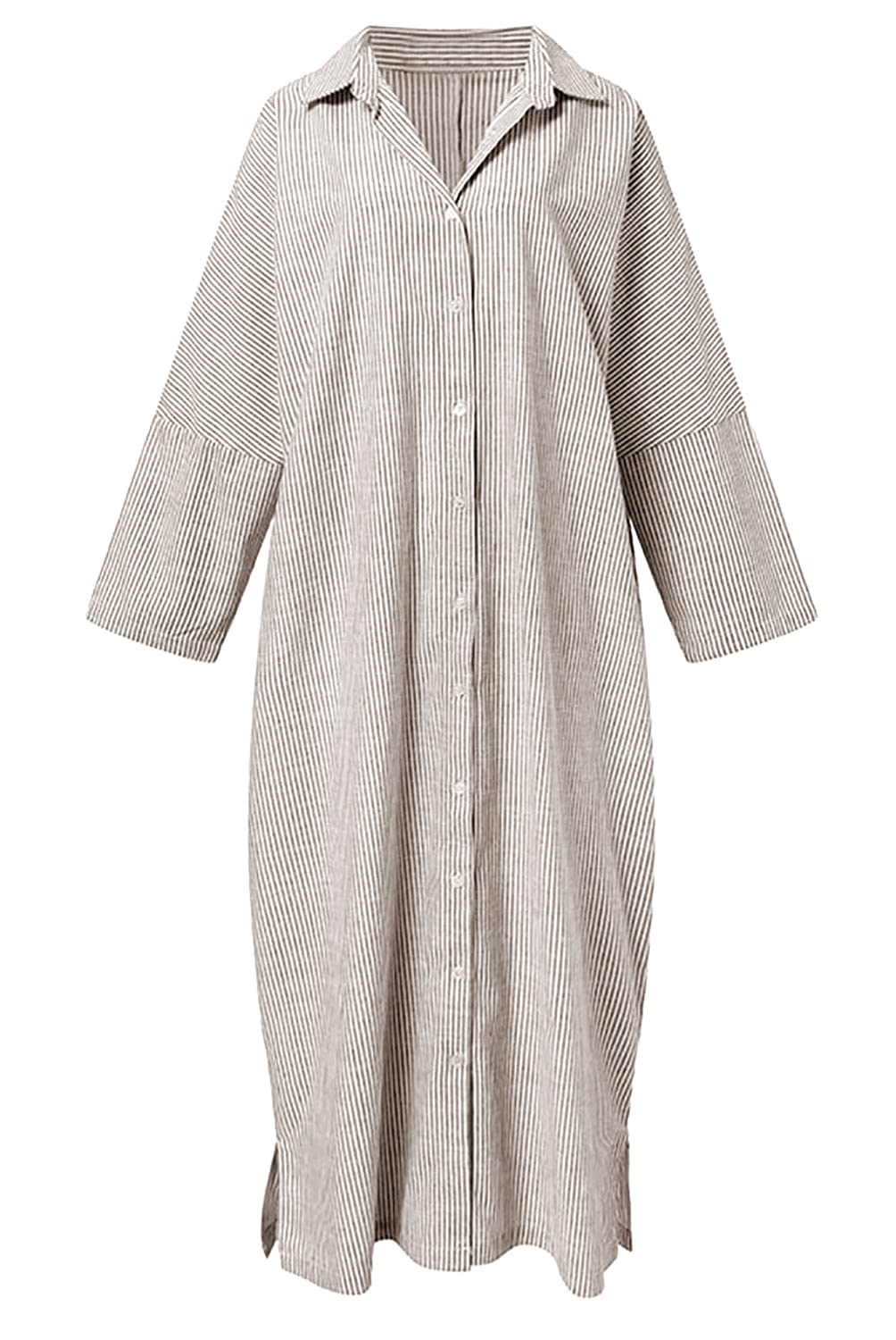 utcoco Womens Striped Long Sleeve Dress Casual Loose Button Down Cotton Maxi Shirt Dress