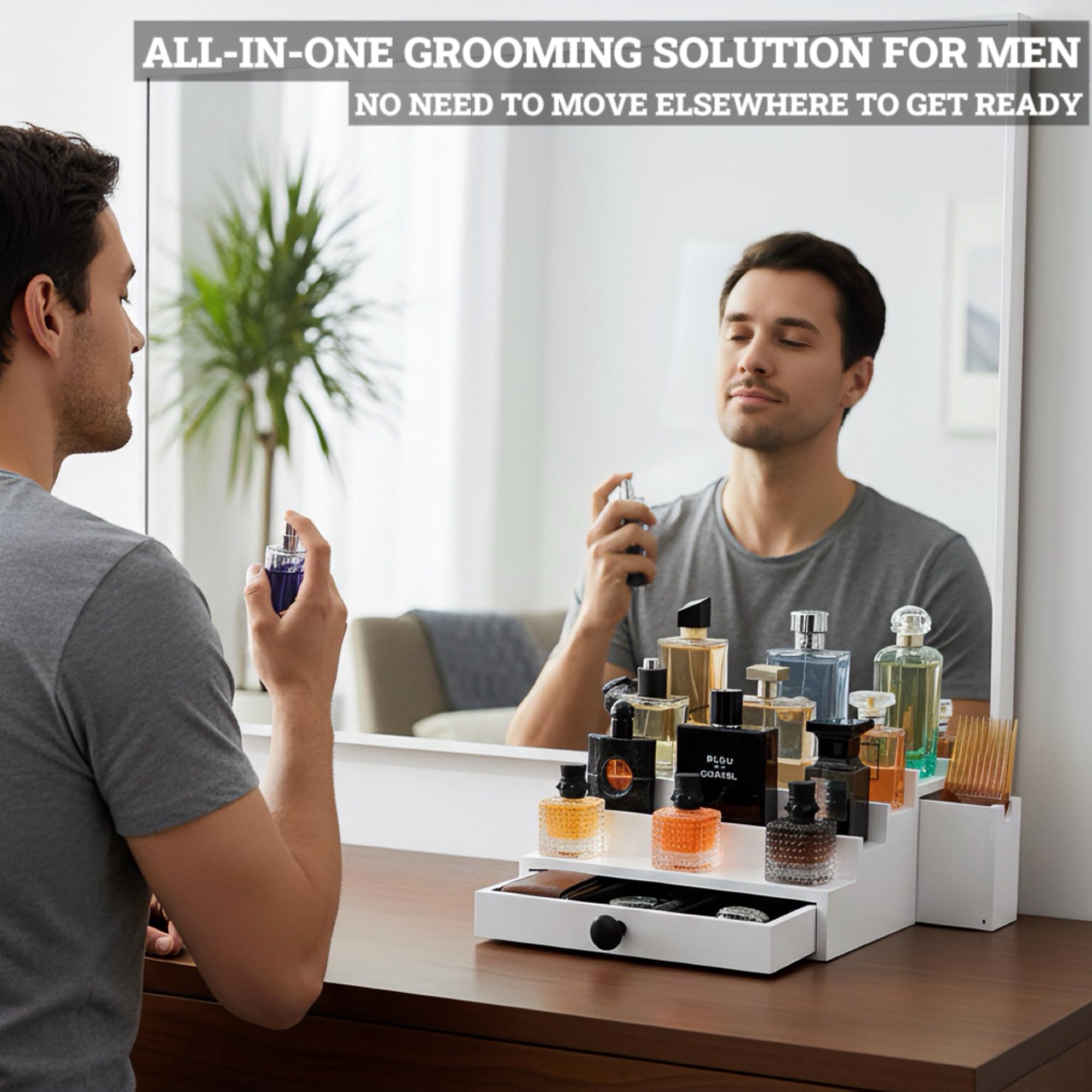 Wooden Cologne Organizer for Men 3 Tier | Black Perfume Holder Shelf for Dresser | High Grade Velvet Lining and Stylish Gift Box | Uncluttered Design Perfume Display Stand