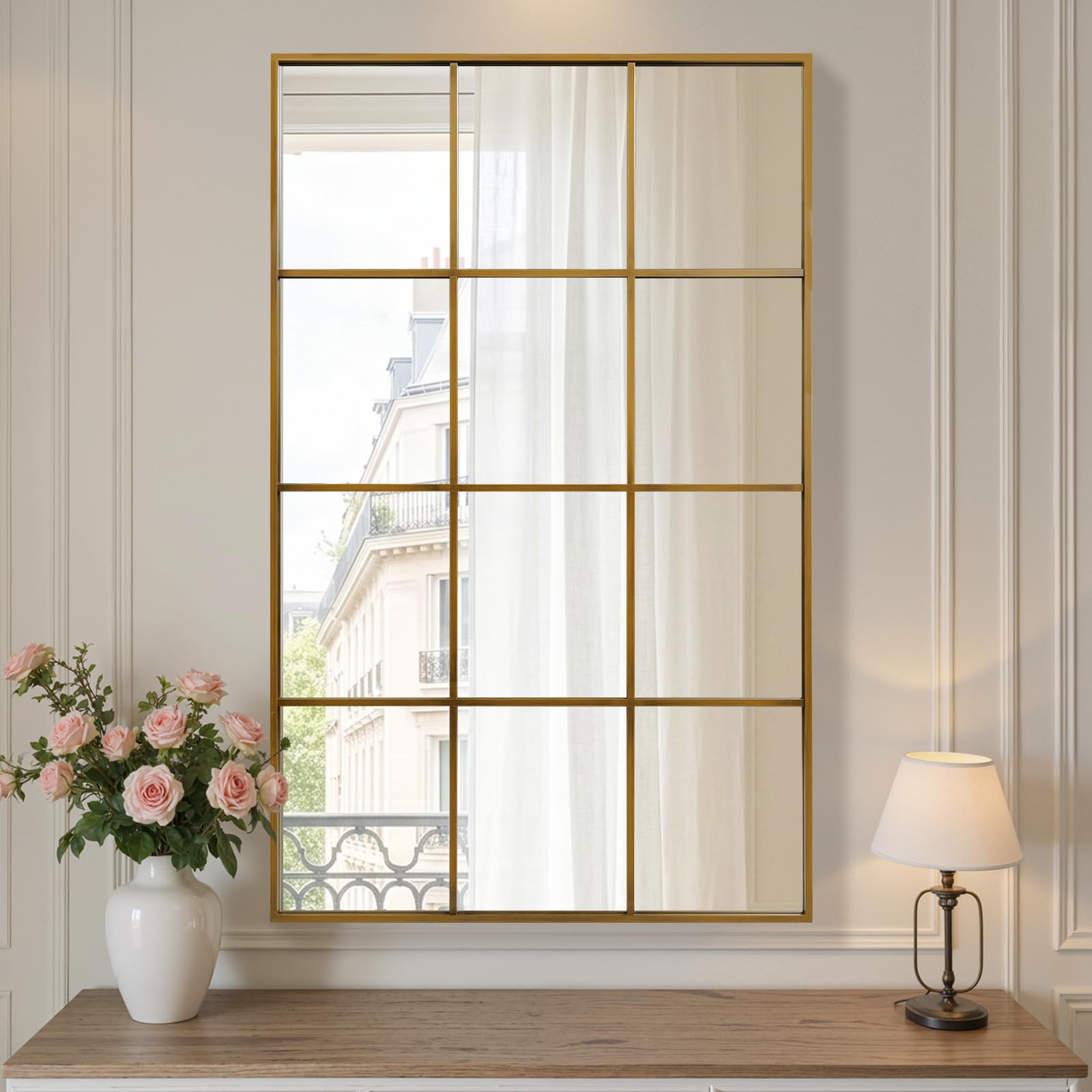 Anpark Arched Windowpane Wall Mirror 24"x36" Black Wall Mounted Art Pane Mirror Farmhouse Decorative Mirror Leaning Hanging Wall Mirror for Bedroom Living Room Entrance Hallway Wall Decor