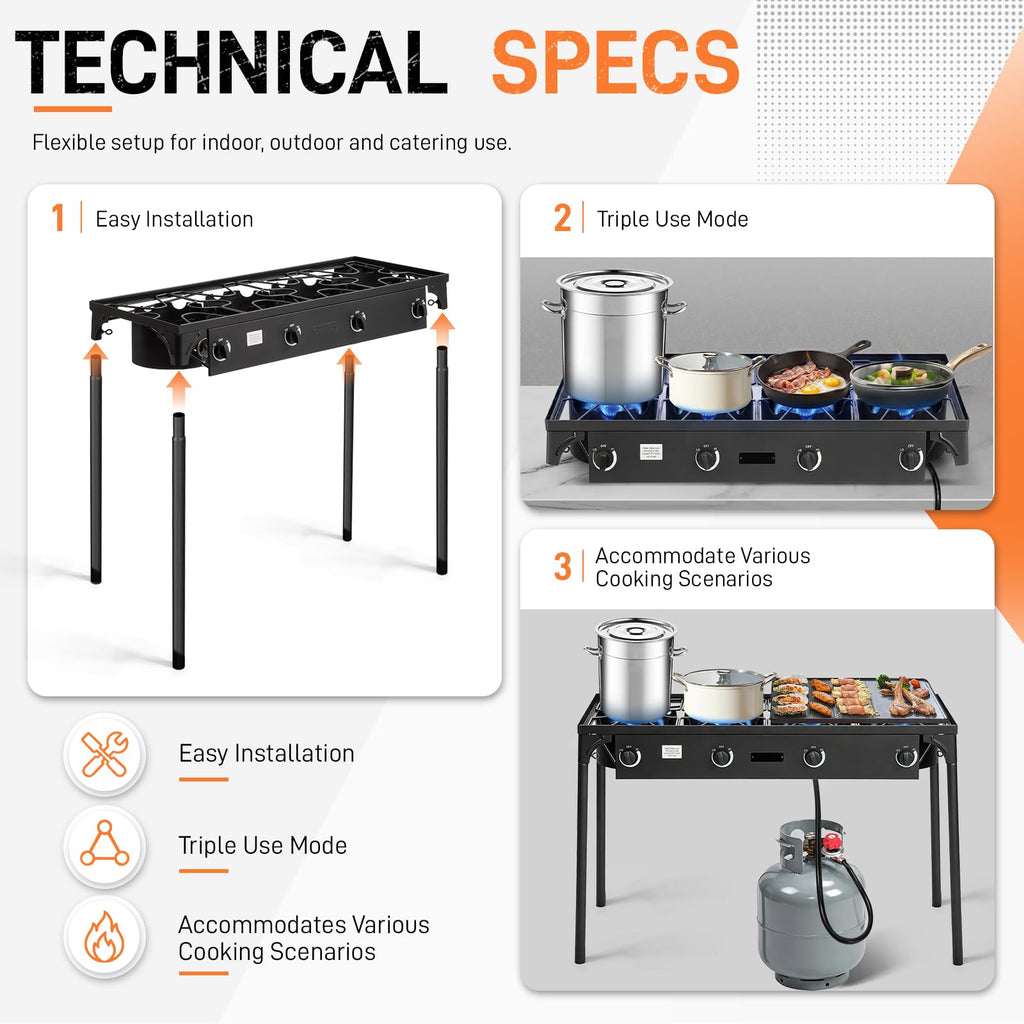 Outvita 2 Burner Propane Gas Stove for Outdoor Cooking, 150,000 BTU Camping Cooker with Removable Legs, Temperature Control Knobs for Backyard Cooking, BBQ, Baking and Frying