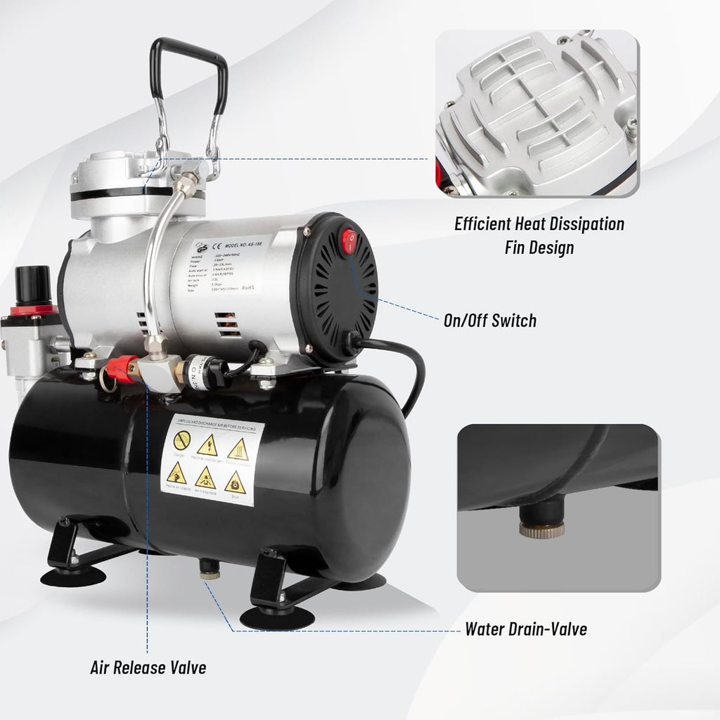 Timbertech Airbrush Compressor, High-performance Single-Piston Oil-free Mini Compressor AS186 with 3L Tank, Regulator, Moisture Trap for Hobby, Cake Decoration, Tattoo, Automotive Graphic, Make-up