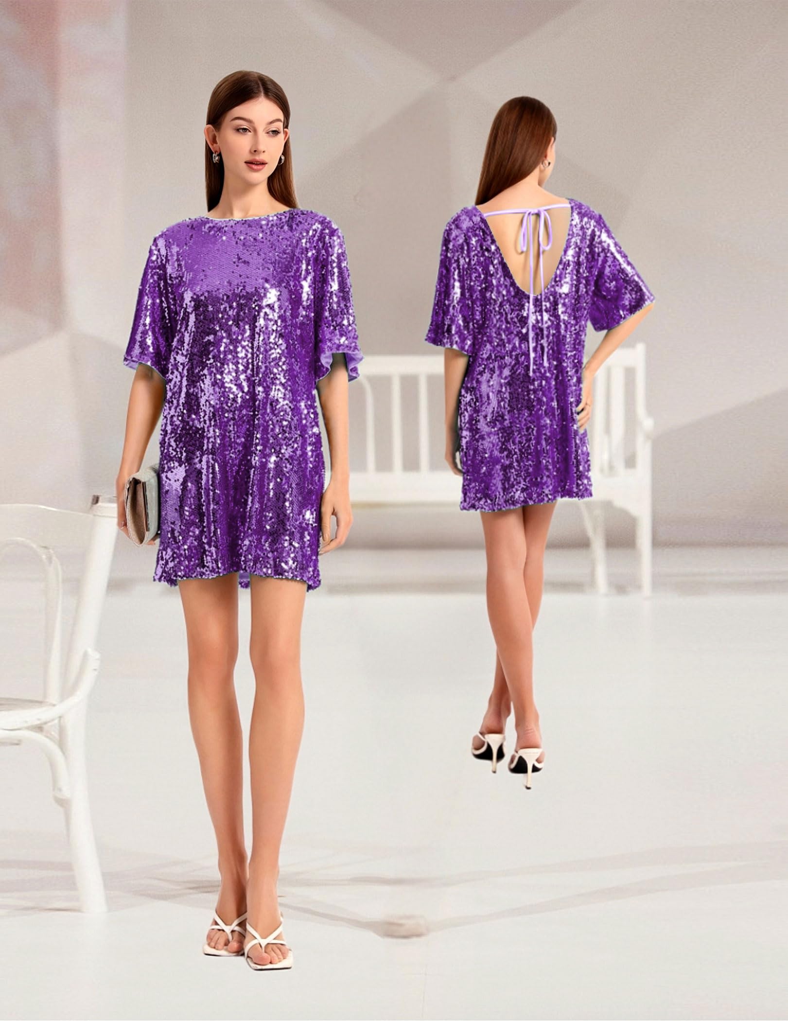 Women's Crew Neck Sequin Dress for Women Sexy V Neck Shirt Dress Sparkly Half Sleeve Loose Party Club Cocktail Dress