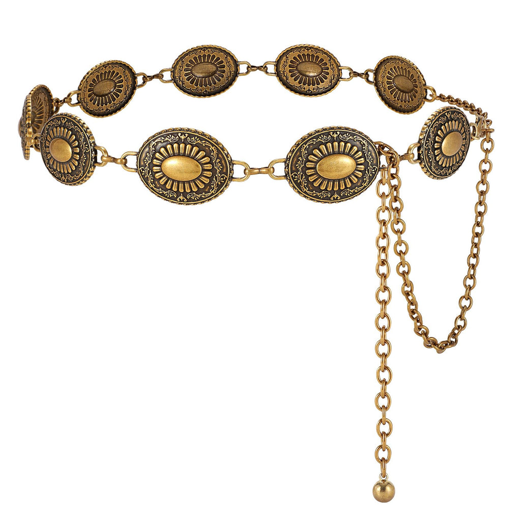 TRIWORKS Western Concho Belt for Women – Gold Chain Cowgirl Boho Belt for Dresses, Jeans & Country Concerts