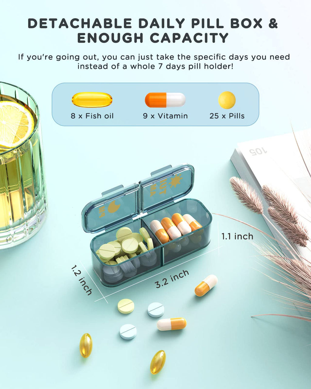 Pill Organizer 2 Times A Day, 7 Day Am Pm Pill Box - Acedada Weekly Pill Organizer Twice A Day, Portable Removable Daily Medicine Container Dispenser Case for Vitamin Fish Oil Supplement, Black Grey