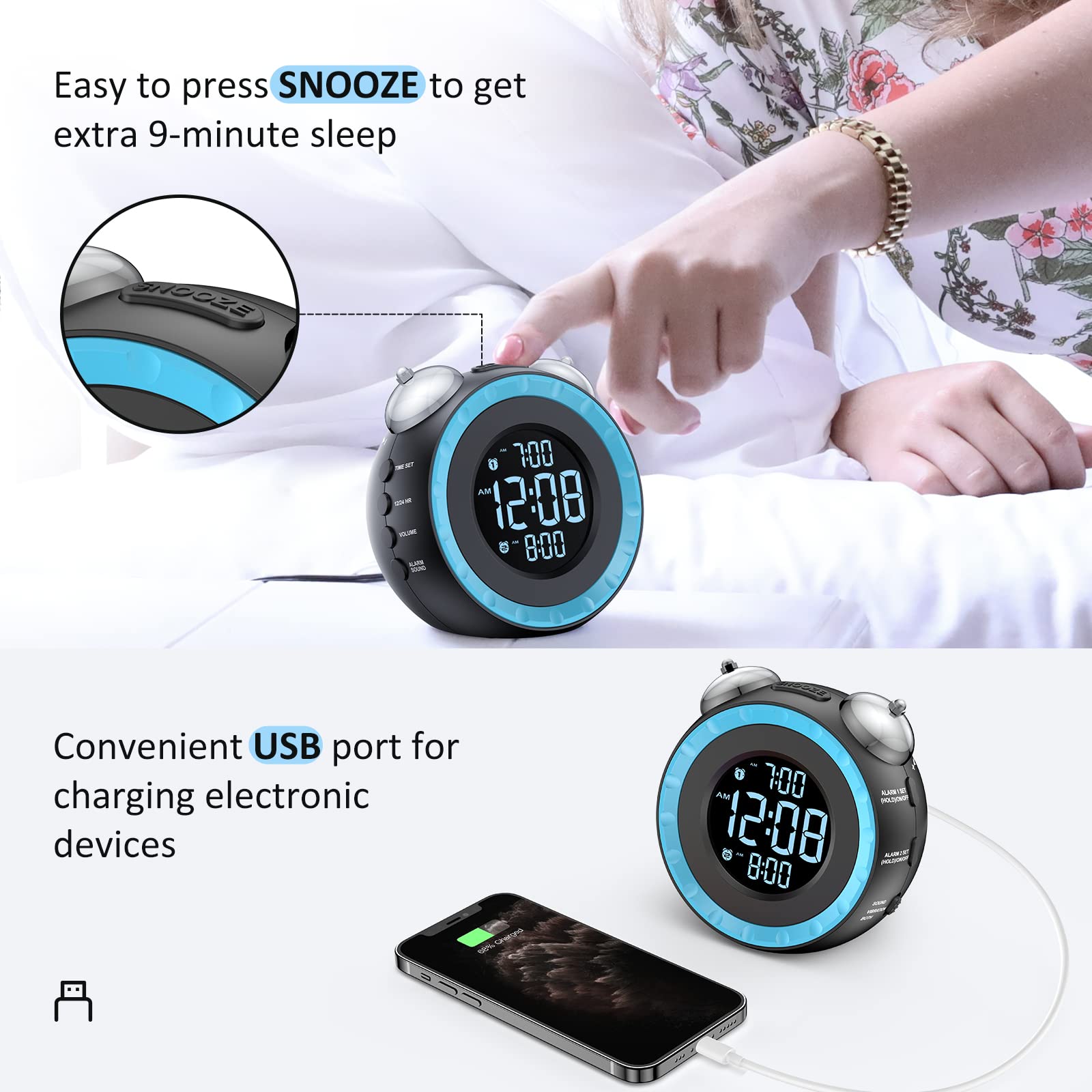uscce Loud Dual Alarm Clock with Bed Shaker - 0-100% Dimmer, Vibrating Alarm Clock for Heavy Sleepers or Hearing Impaired, Easy to Set, USB Charging Port, Snooze, Battery Backup