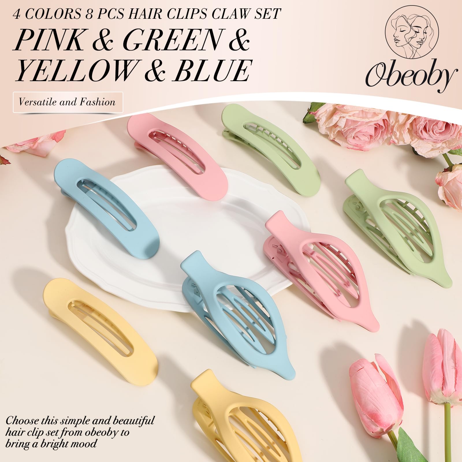 Obeoby 8 Pcs Flat Claw Clips for Women, Strong Hold French Flat Hair Clips for Thick Thin Hair Barrettes Accessories Round Large Medium (Tortoiseshell)