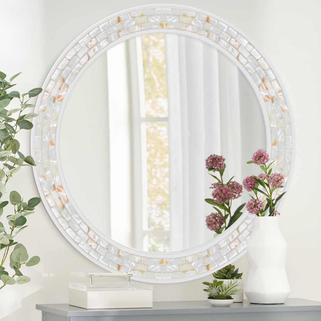 Tanmicoshomy Round Wall Mirror 24 Inch,Circle Mosaic Mirror with Natural Mother of Pearl and Wood Frame, Decorative Coastal Round Wall Mirror for Bathroom Bedroom Living Room Entryway