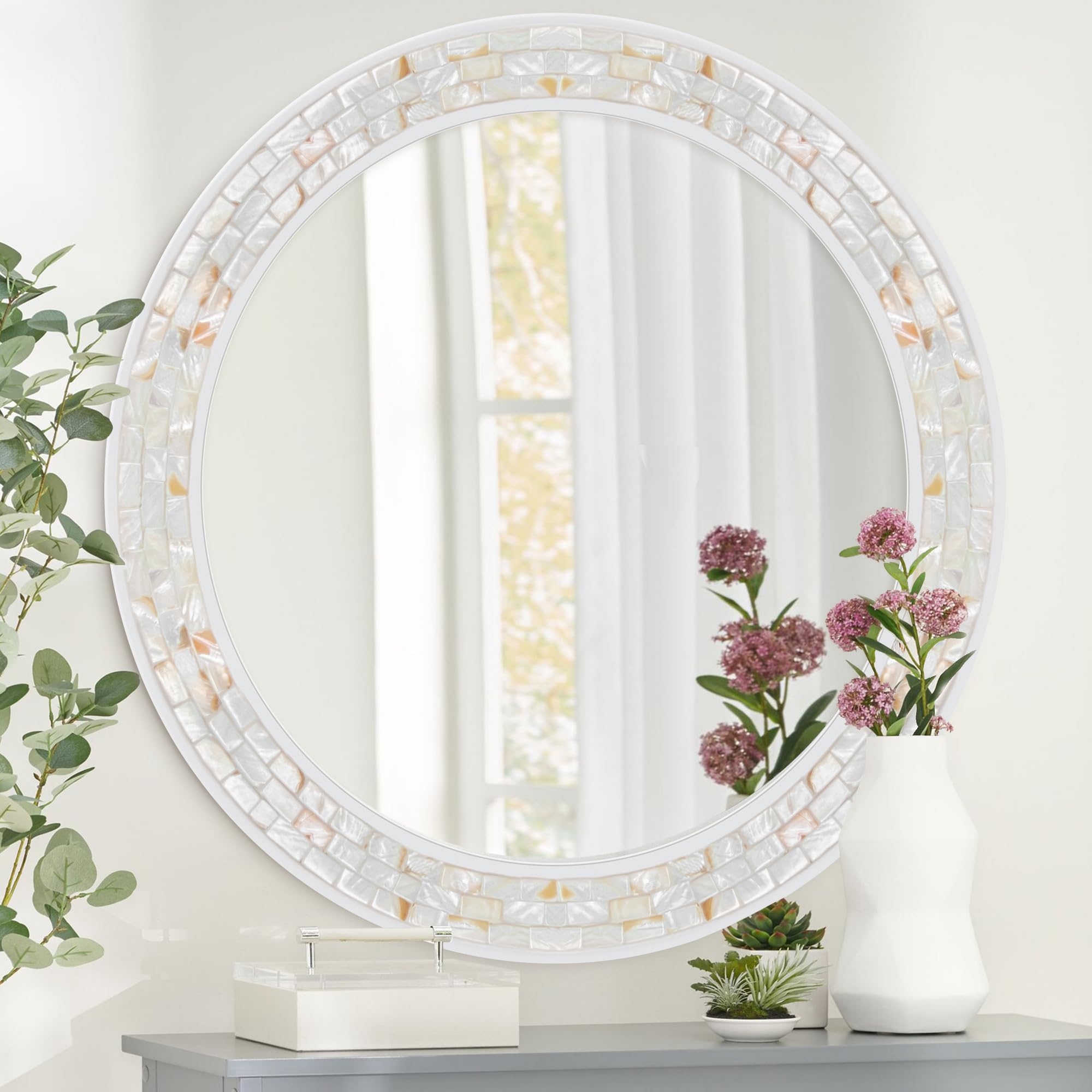 Tanmicoshomy Round Wall Mirror 24 Inch,Circle Mosaic Mirror with Natural Mother of Pearl and Wood Frame, Decorative Coastal Round Wall Mirror for Bathroom Bedroom Living Room Entryway
