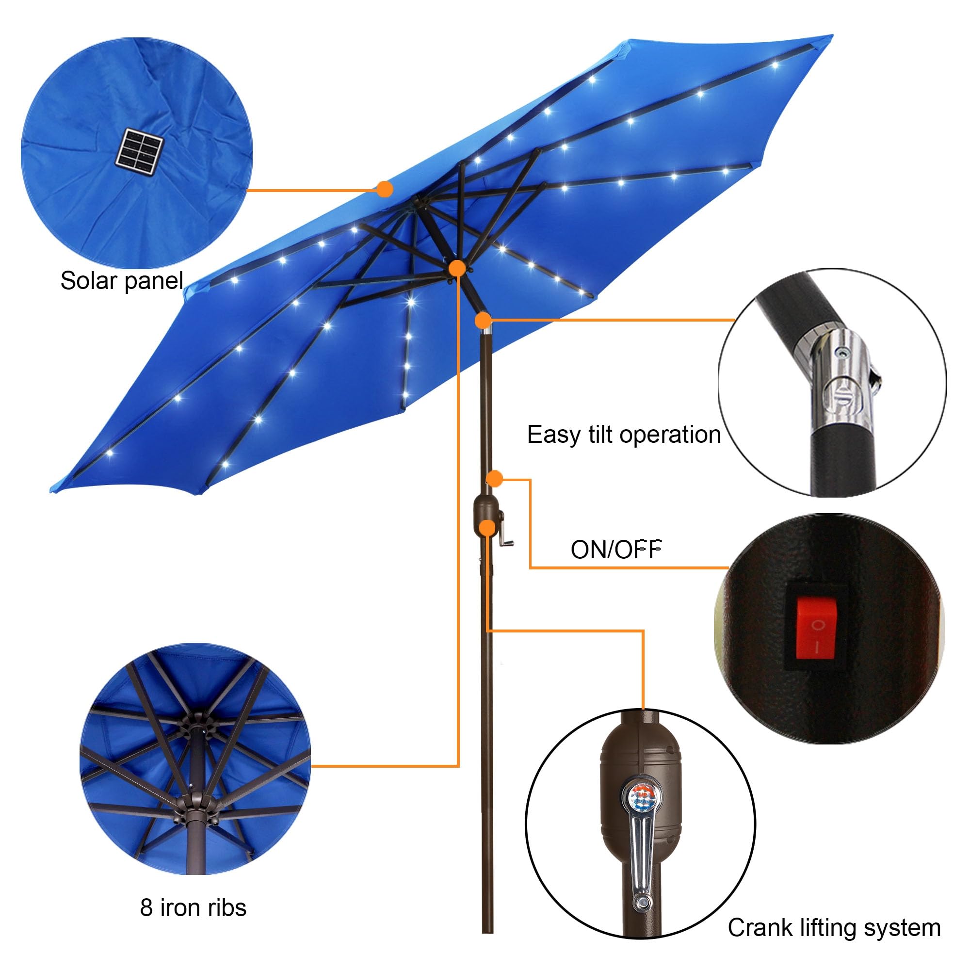 Blissun 9 ft Solar Umbrella, 32 LED Lighted Patio Umbrella, Table Market Umbrella, Outdoor Umbrella for Garden, Deck, Backyard, Pool and Beach (Light Blue)