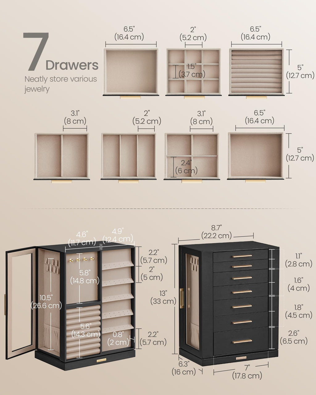 SONGMICS GISELLA Collection - Jewelry Box Organizer 360° Rotating, Vertical Jewelry Storage Case with 5 Drawers, Glass Window, Spacious, Open Design, Great Gift, Cloud White UJBC170W01