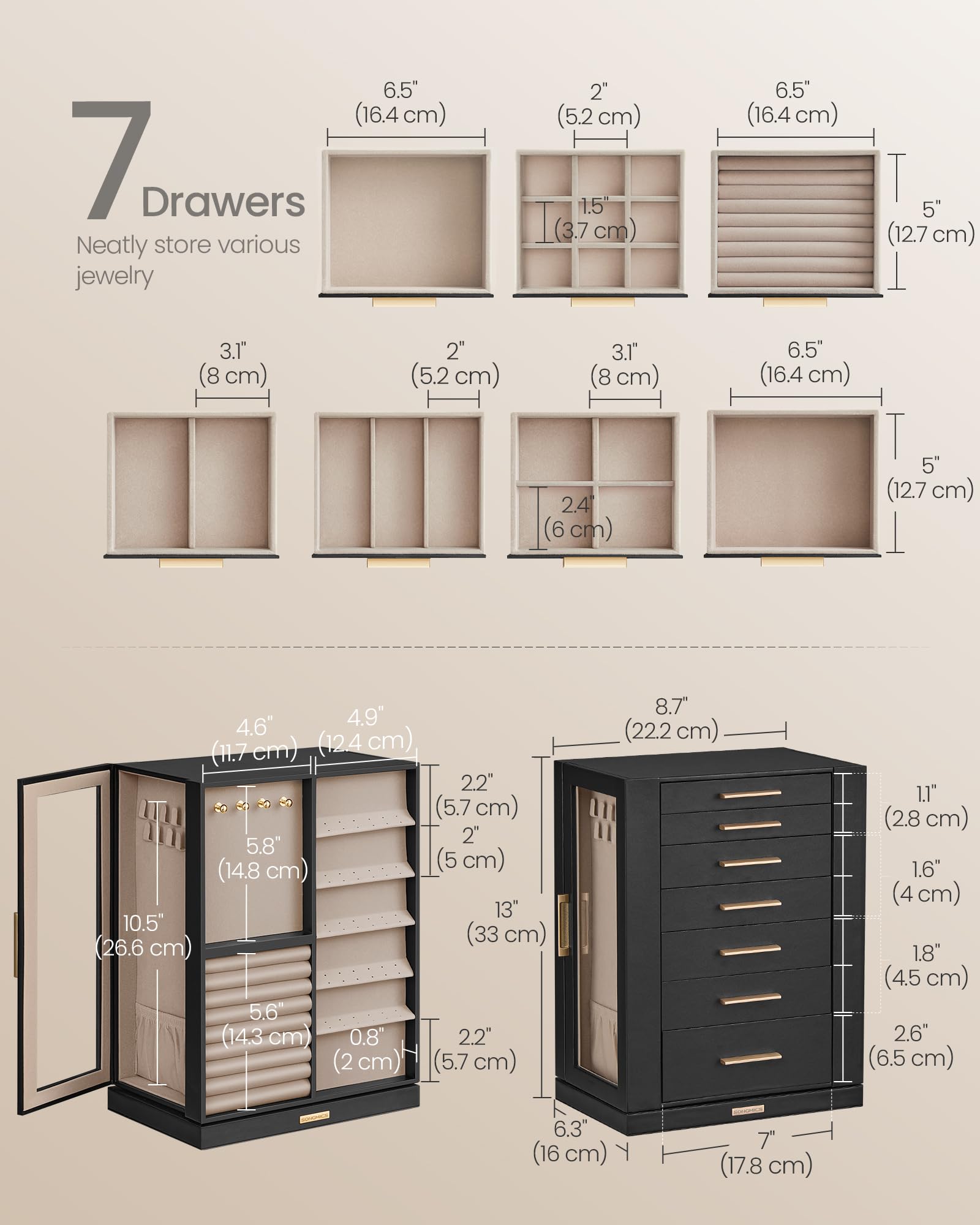 SONGMICS GISELLA Collection - Jewelry Box Organizer 360° Rotating, Vertical Jewelry Storage Case with 5 Drawers, Glass Window, Spacious, Open Design, Great Gift, Cloud White UJBC170W01