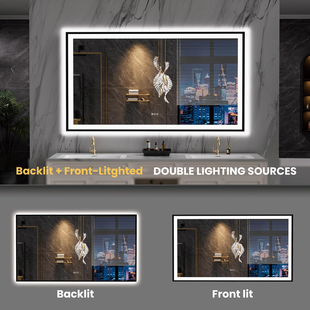 LOAAO 20"X28" LED Bathroom Mirror Black Framed | Anti-Fog, Dimmable, Memory Function, Tempered Glass, Lighted Vanity Mirror for Wall