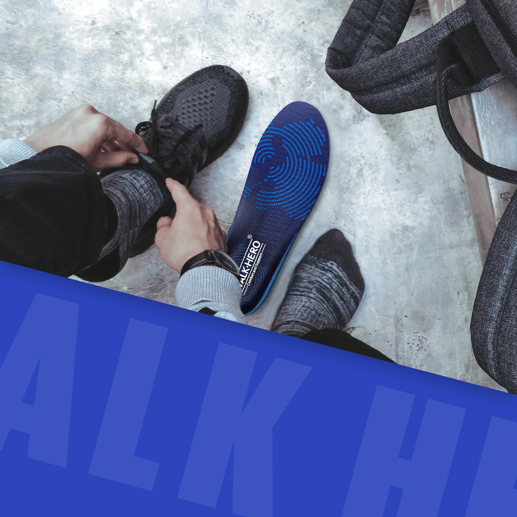 WalkHero Plantar Fasciitis Insoles - Medium Arch Support Inserts for Men & Women with Comfort Cushion | Orthotic Inserts to Relieve Foot Pain and Provide Shock Absorption (Blue) Mens 4-4 1/2